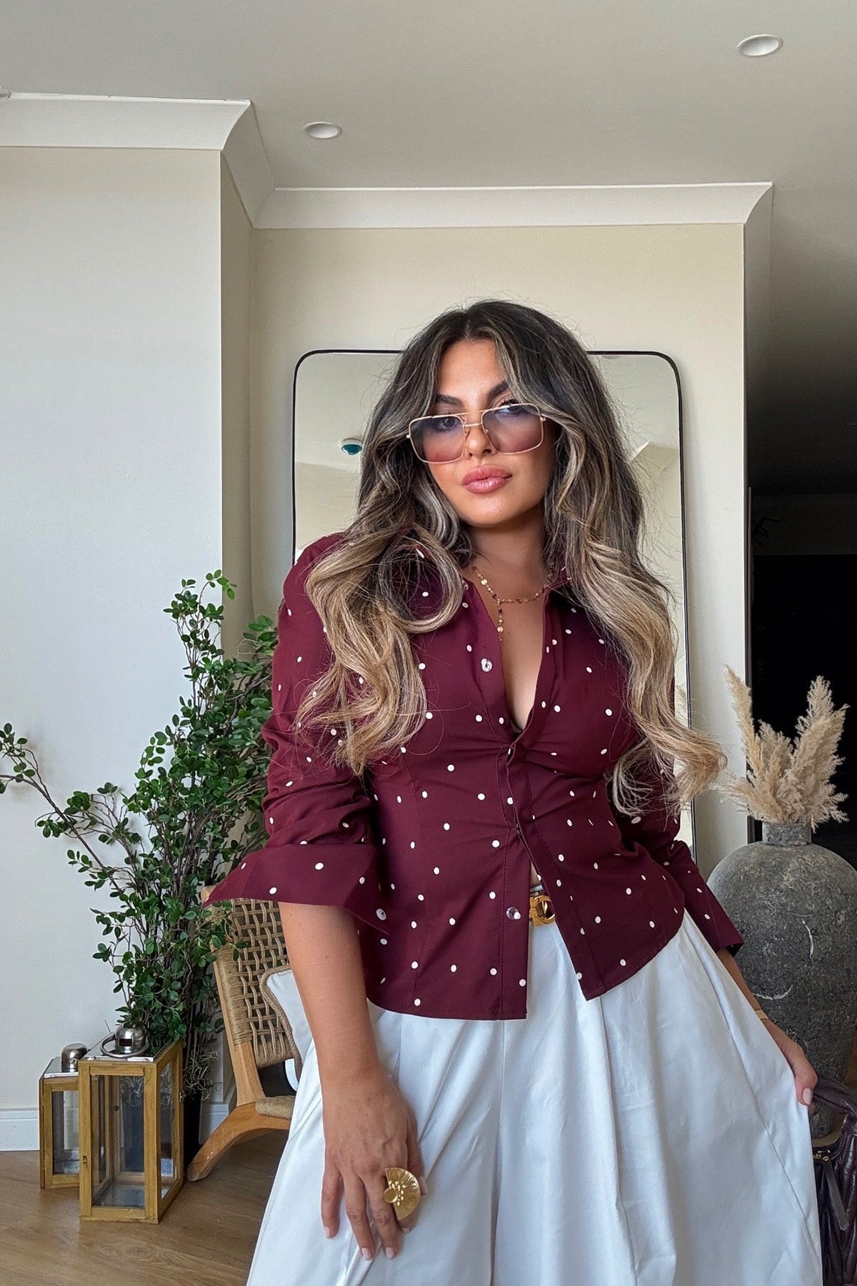 Puantiyeli Poplin Likralı Gömlek Bordo