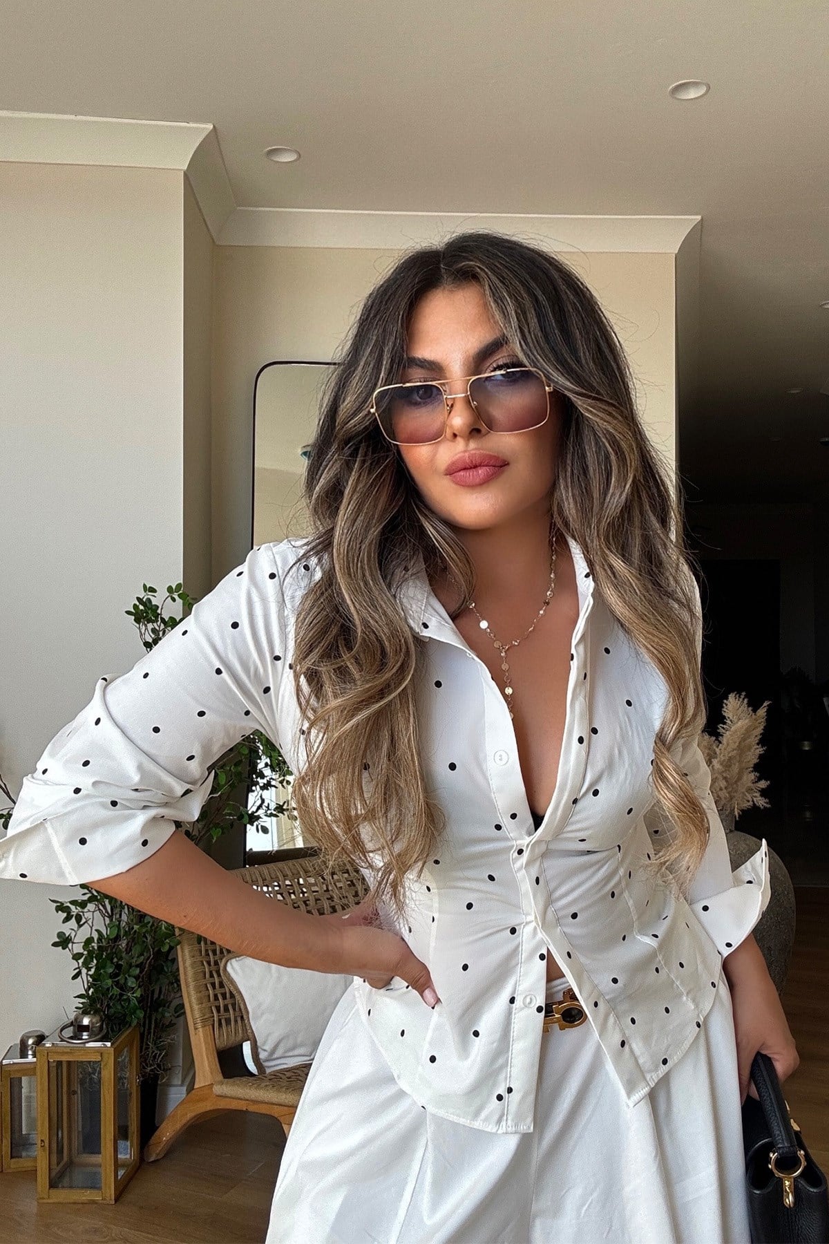Puantiyeli Poplin Likralı Gömlek Ekru