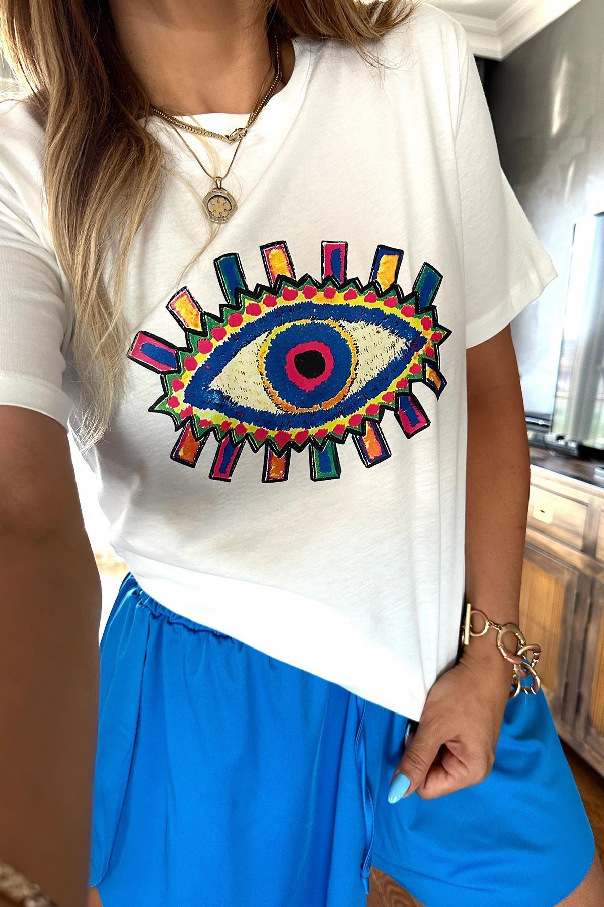 Renkli Göz Baskılı Tshirt Ekru