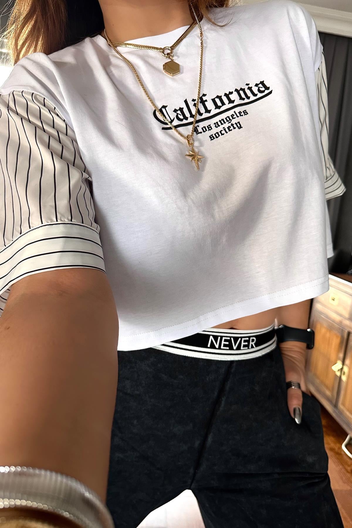 Rüzgarlık Kumaş Garnili Tshirt Ekru