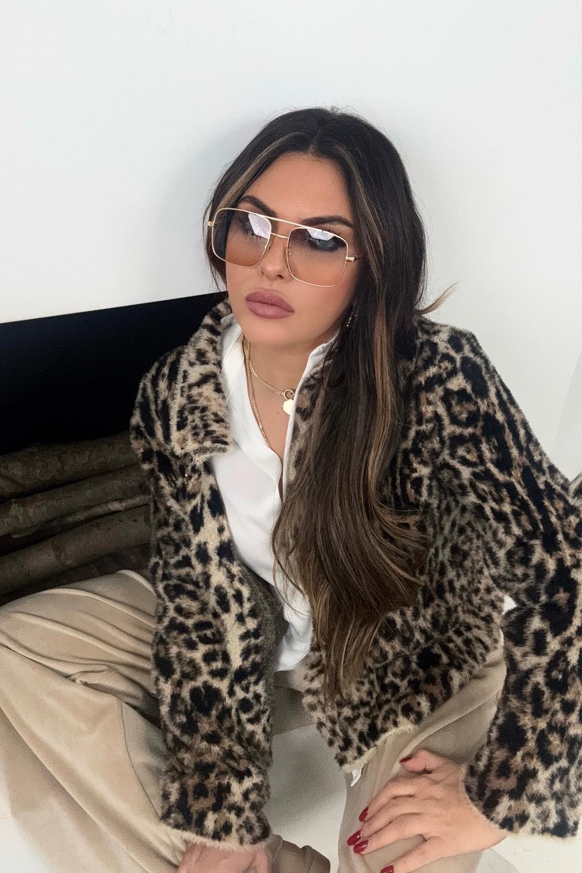 Sakallı Örme Leopar Ceket Hırka Kahverengi