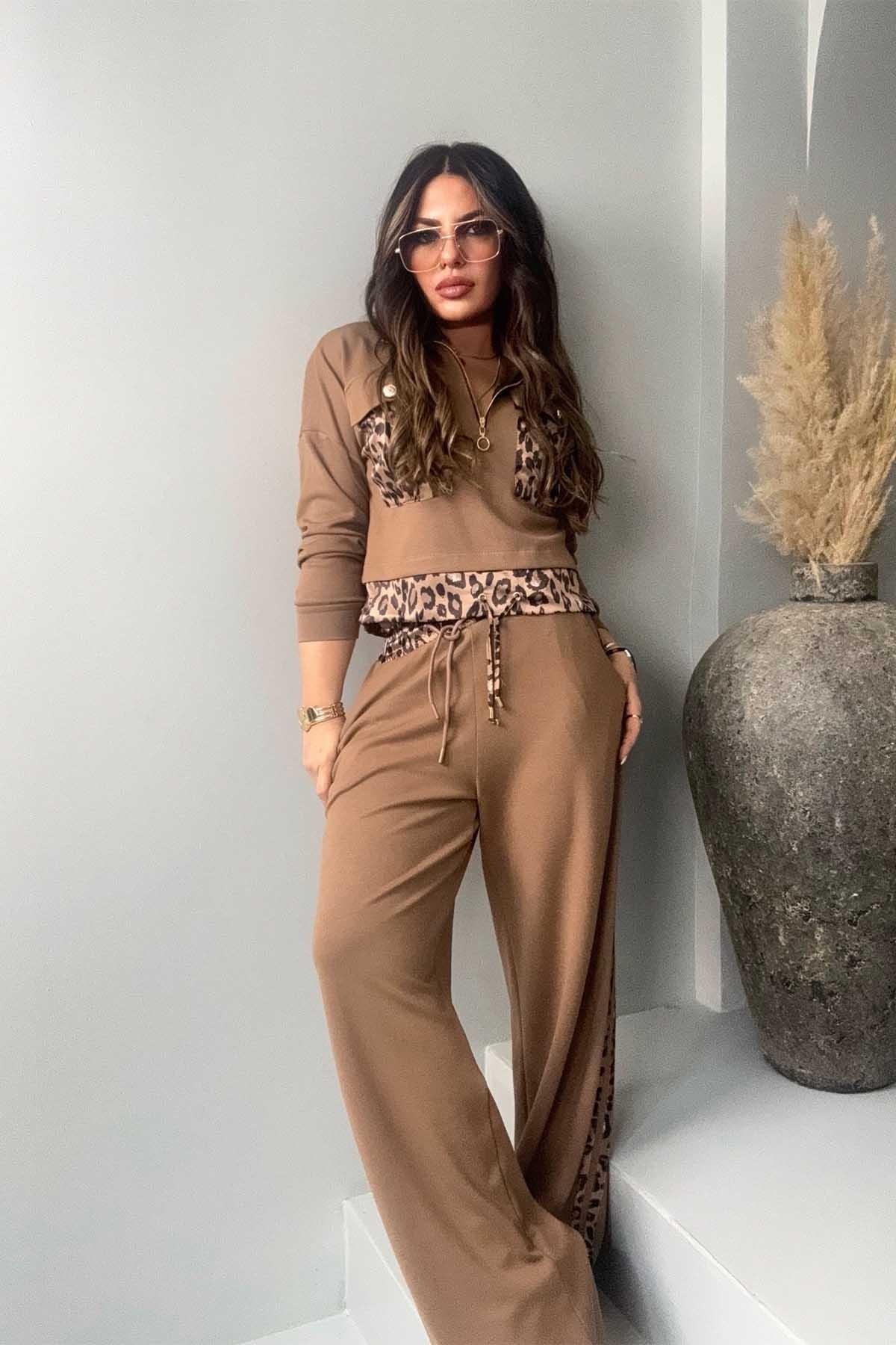 Saten Leopar Garnili Modal Eşofman Takım Camel