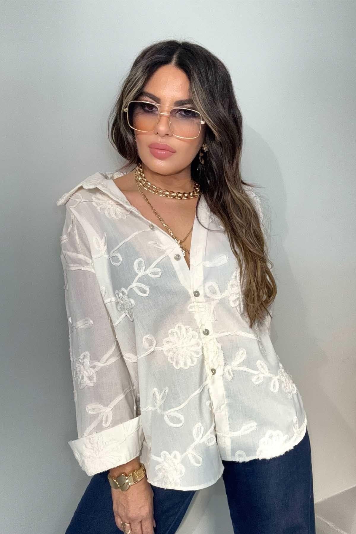 Şerit Biye Nakışlı Pamuk Gömlek Taş