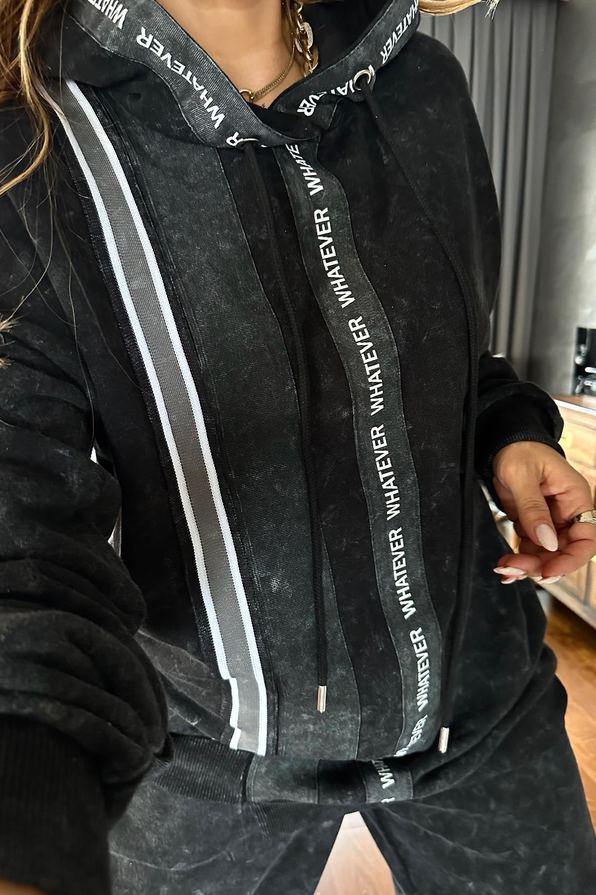 Şerit Detaylı Yıkamalı Whatever Sweatshirt Antrasit