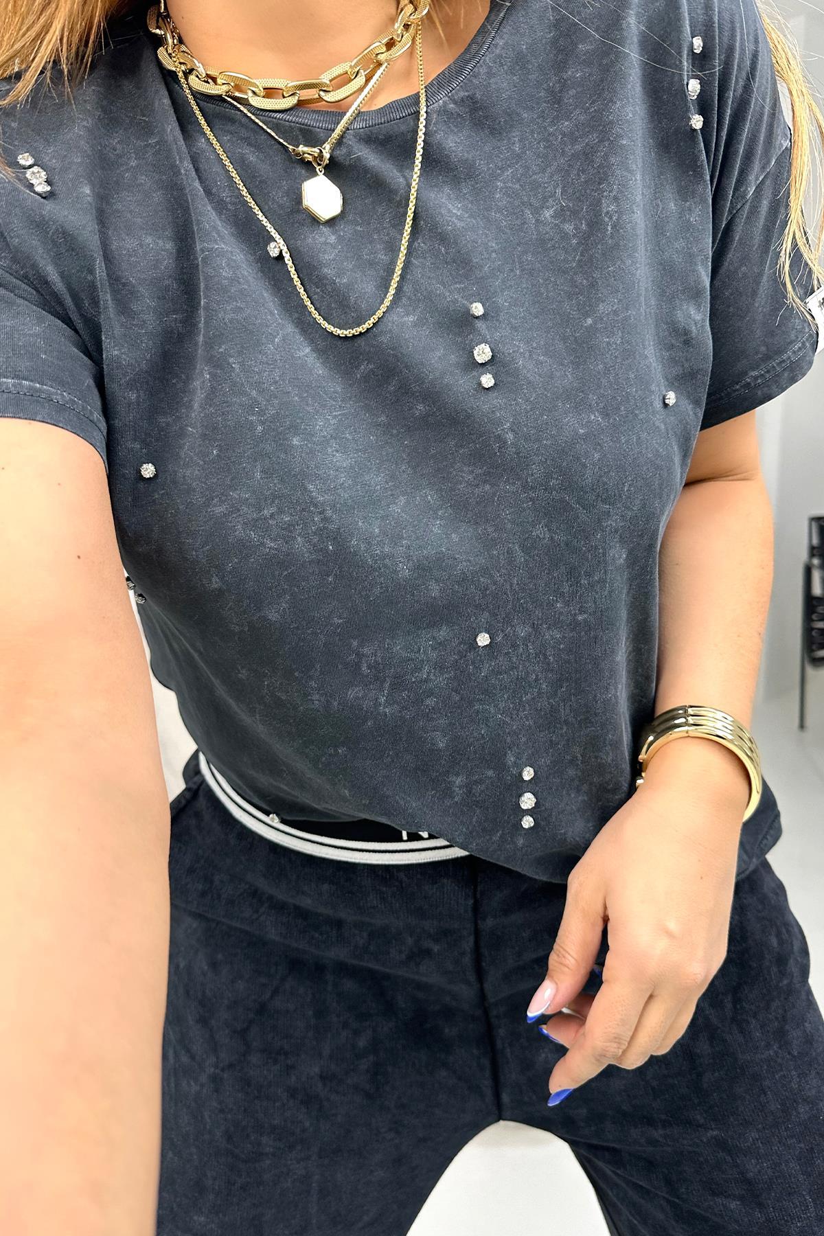 Serpme Taşlı Yıkamalı Tshirt Antrasit