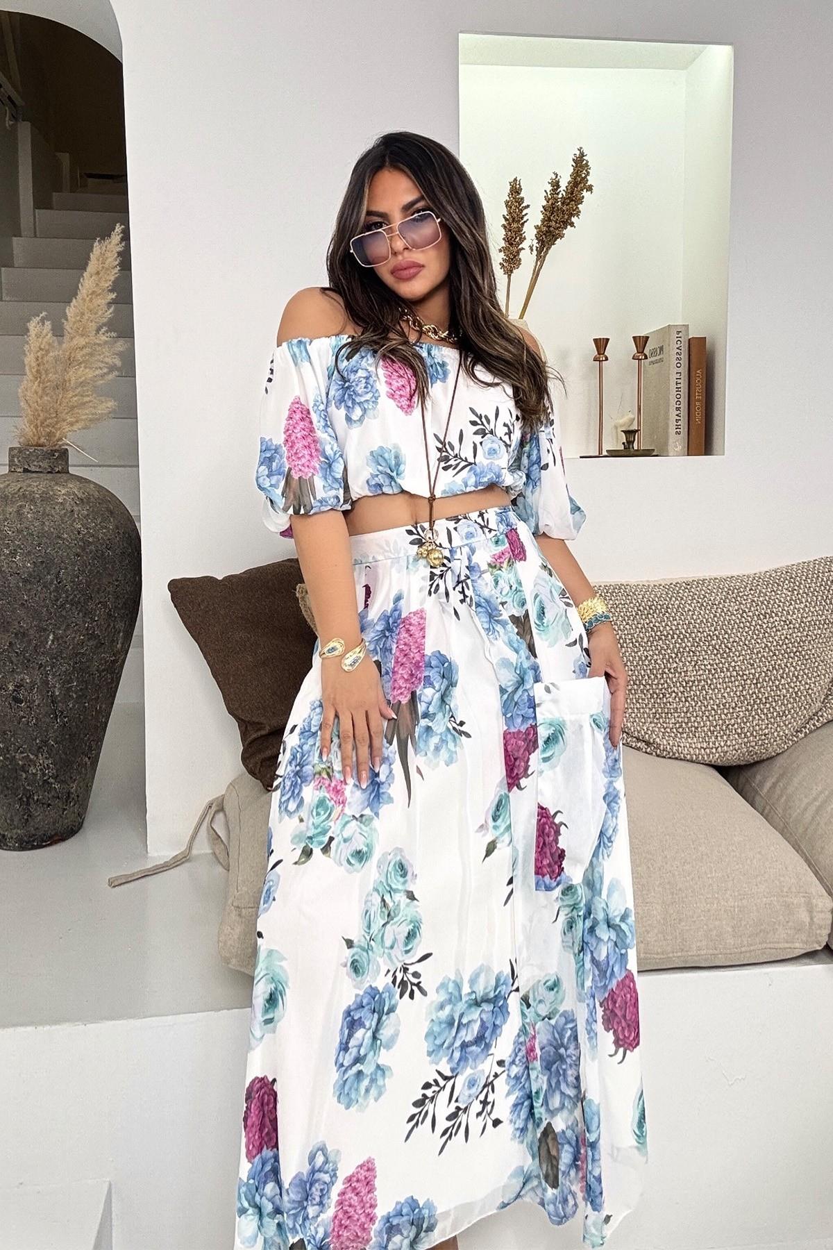 Şifon Madonna Yaka Crop Etek Takım Mavi