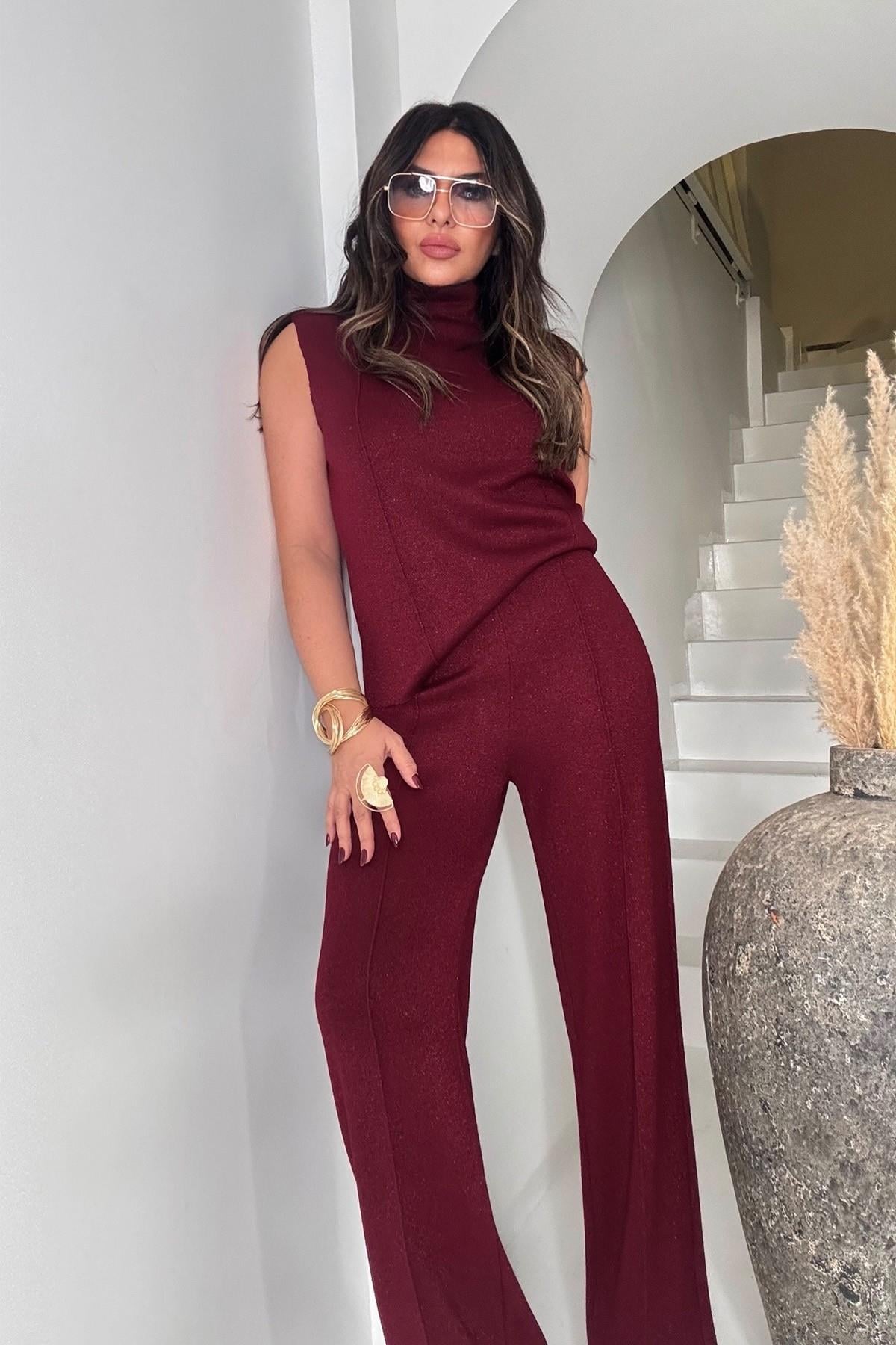 Simli Örme Kumaş Takım Bordo