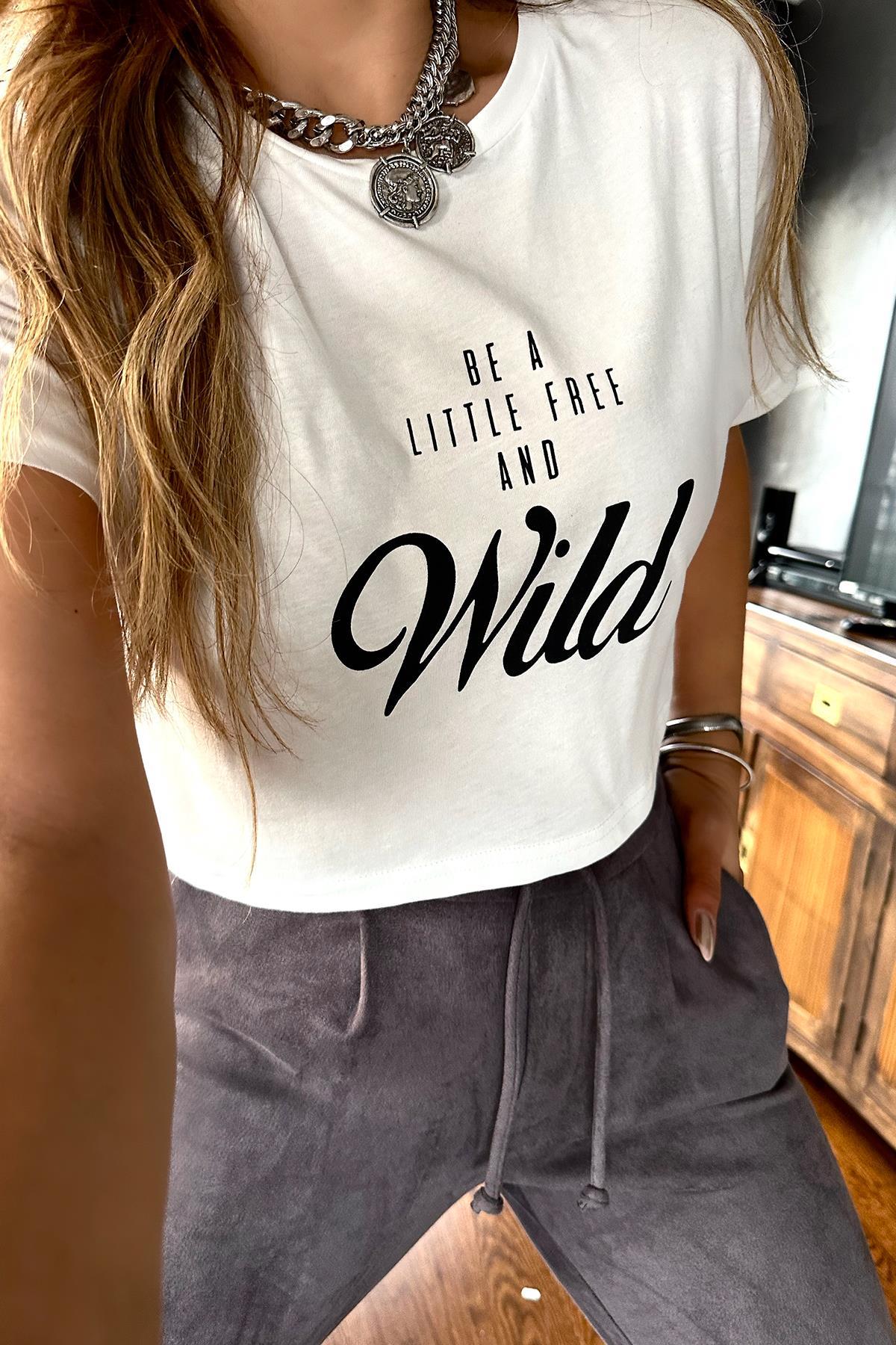 Sırt Süet Leopar Baskılı Crop Beyaz