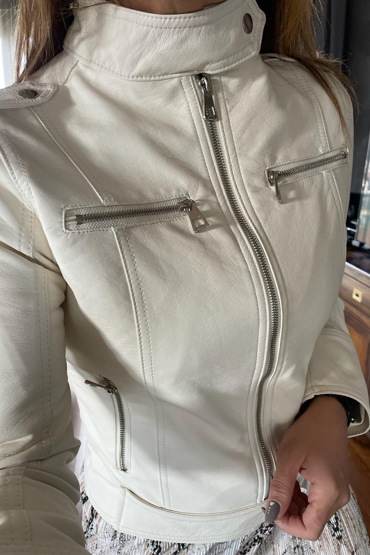 Slim Fit Deri Ceket Ekru