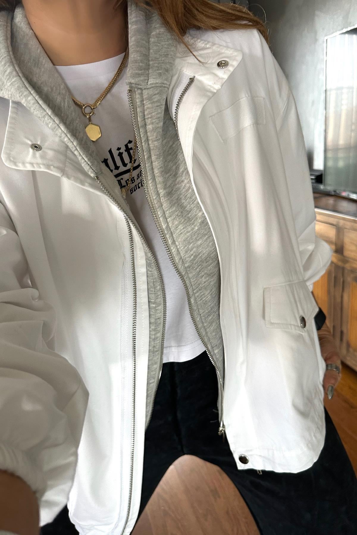 Sweat Kapüşonlu Pamuk Rüzgarlık Beyaz