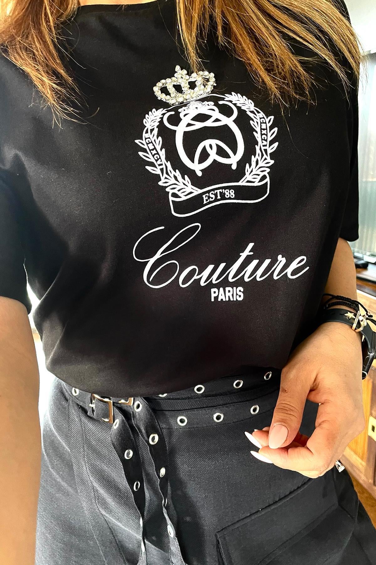 Taç Taş İşlemeli Tshirt Siyah