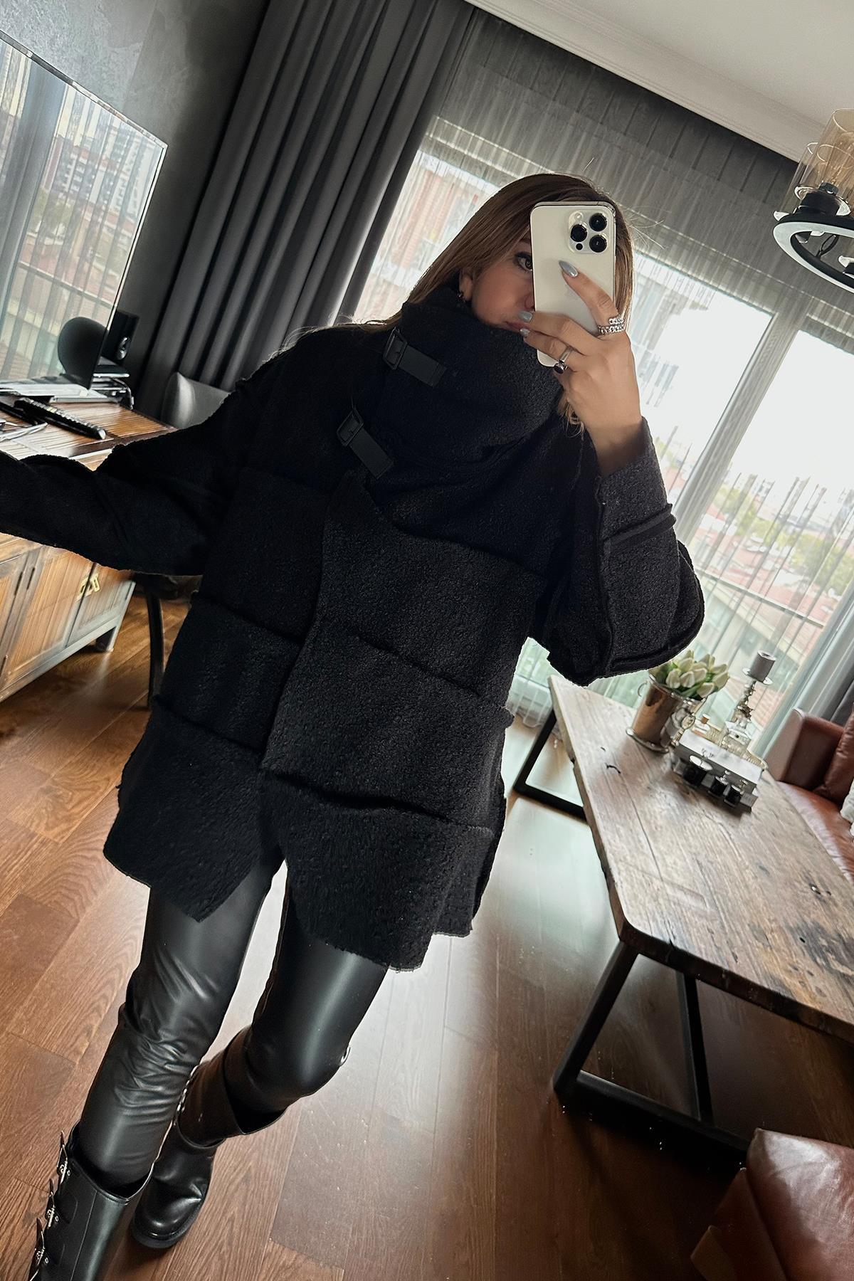 Tasarım Buklet Efekt Oversize Ceket Siyah