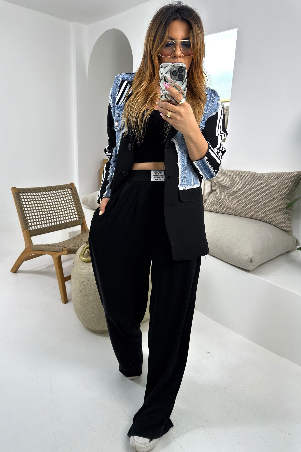 Tasarım Jean Detay Şeritli Blazer Ceket Siyah