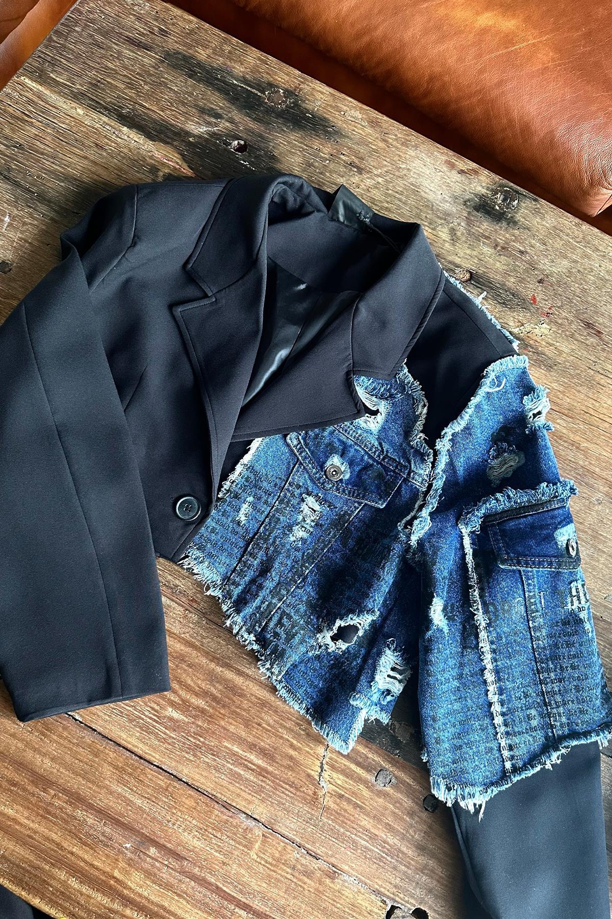 Tasarım Jean Garnili Crop Ceket Siyah