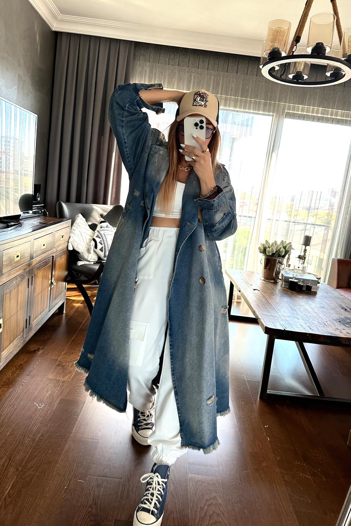 Tasarım Oversize Jean Trenchcoat Mavi