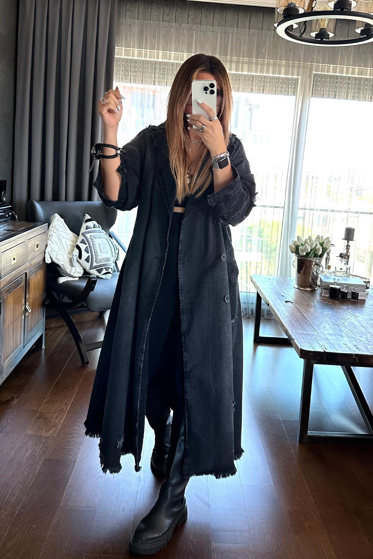 Tasarım Oversize Jean Trenchcoat Siyah
