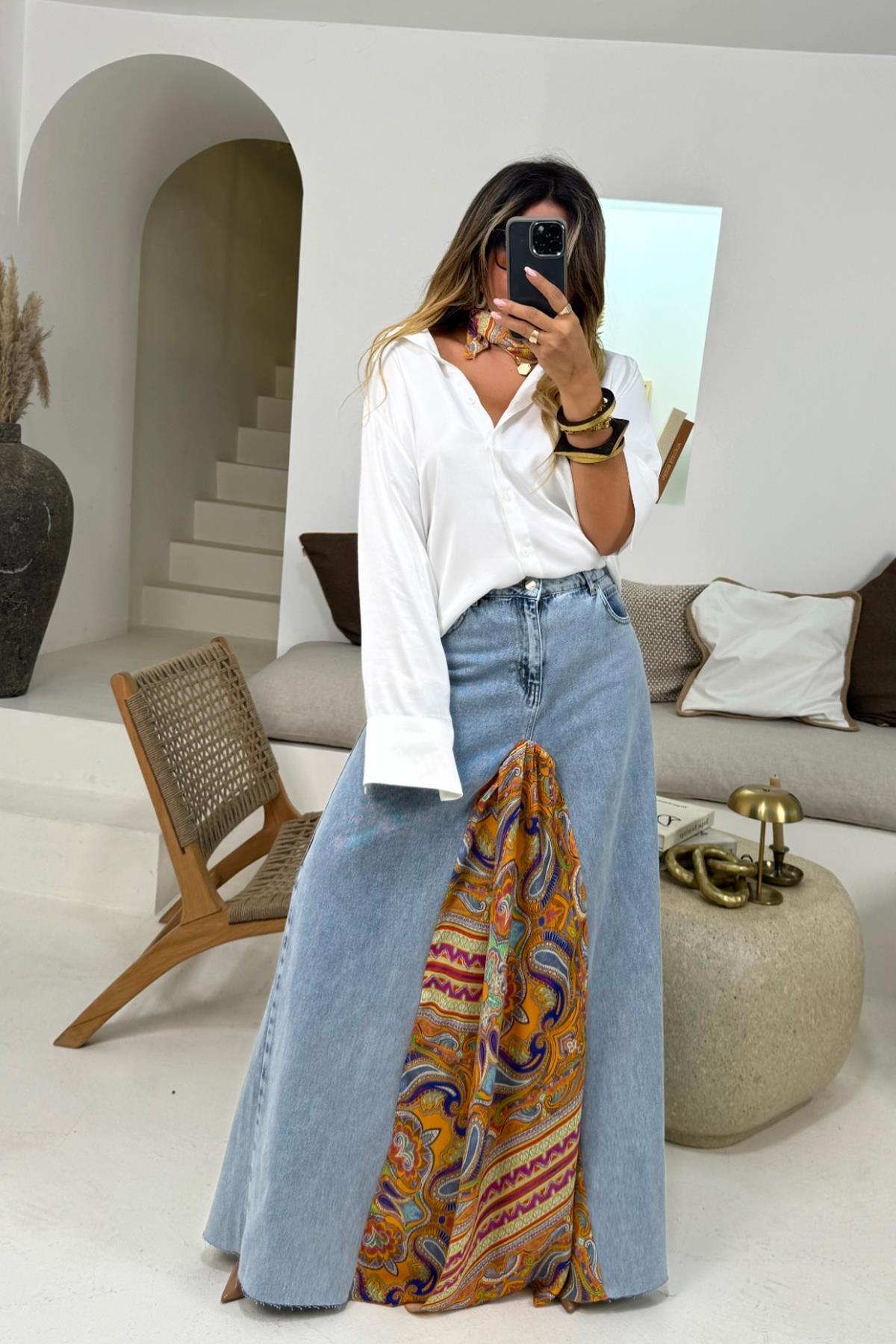 Design Shawl Pattern Double Slit Maxi Jean Skirt Blue