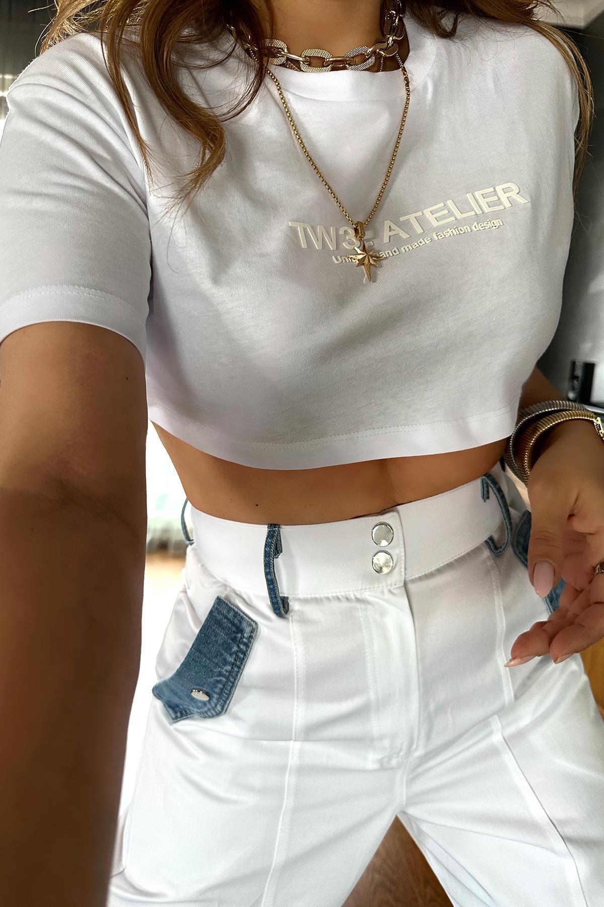 Tasarım Silikon Baskılı Crop Beyaz