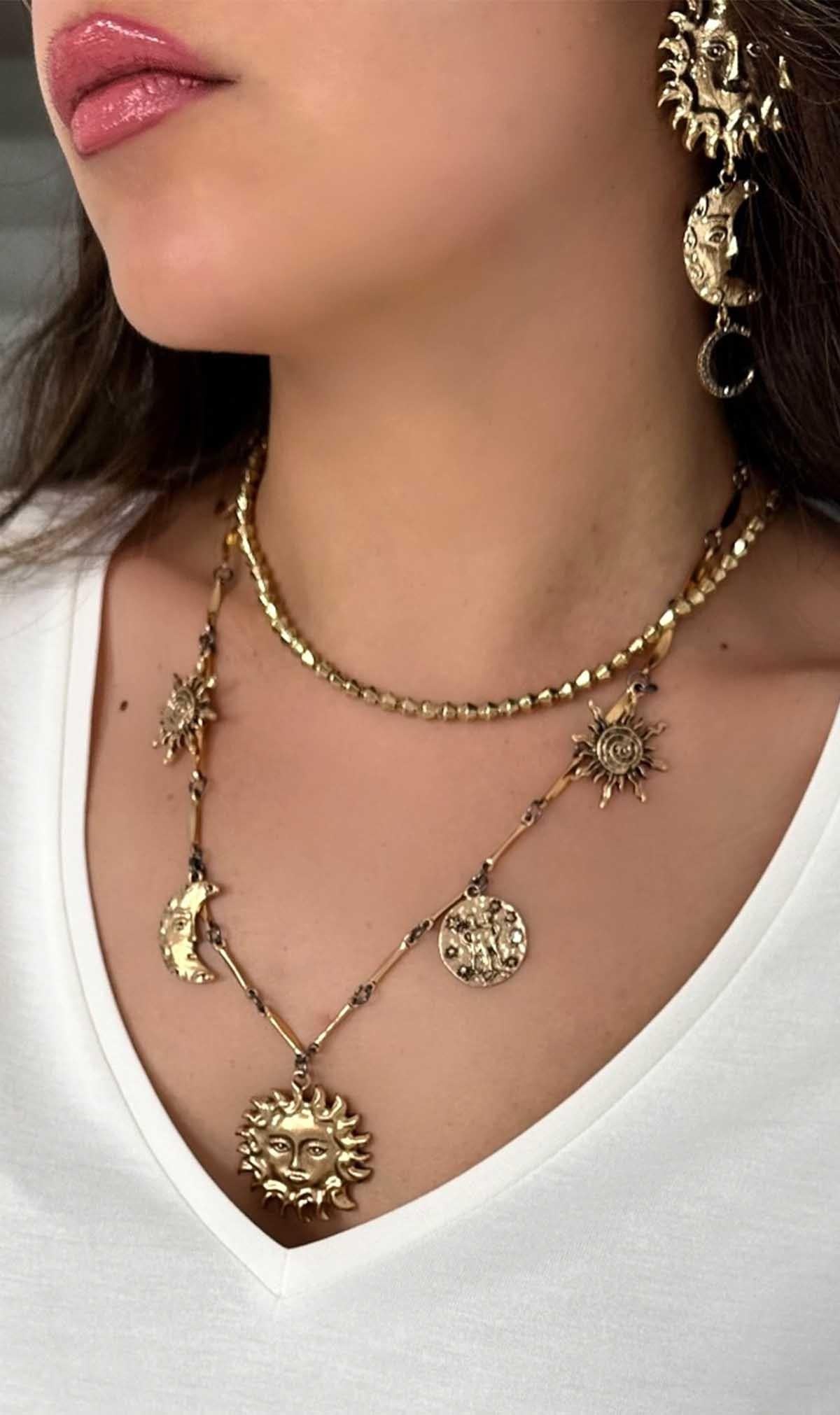 Taşlı Ay ve ve Güneş Kolye Gold
