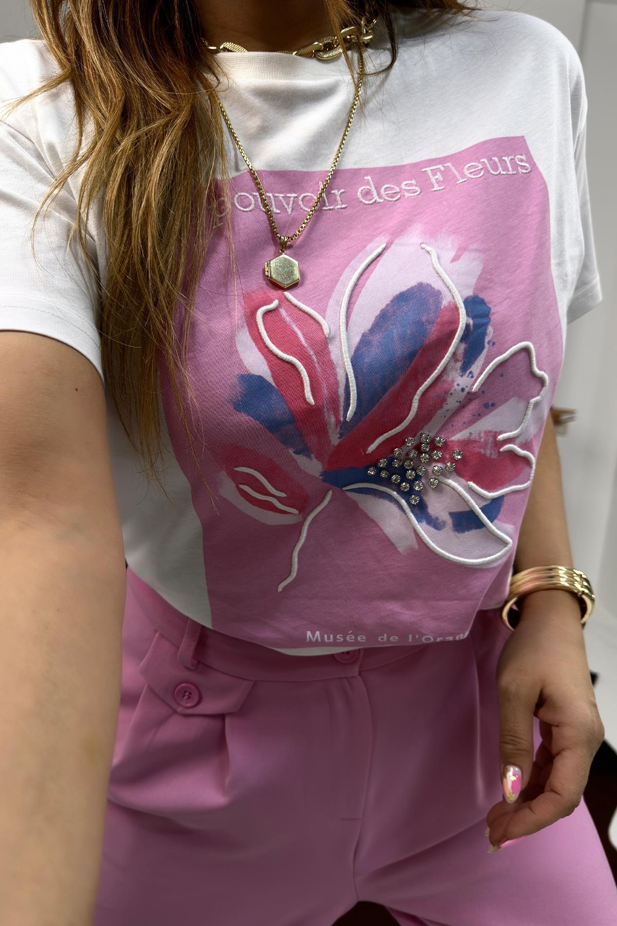Taşlı Flower Tshirt Pembe-Beyaz