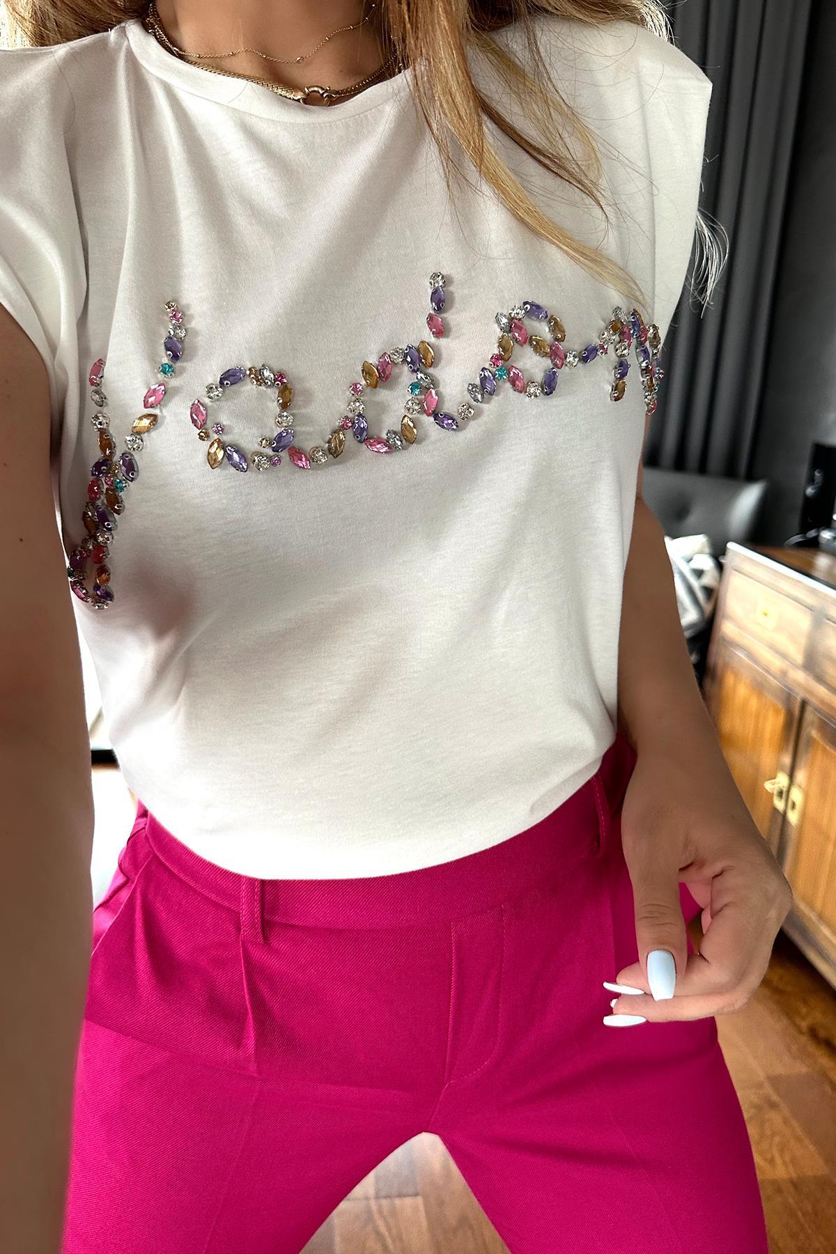 Taşlı Jadore Tshirt Ekru
