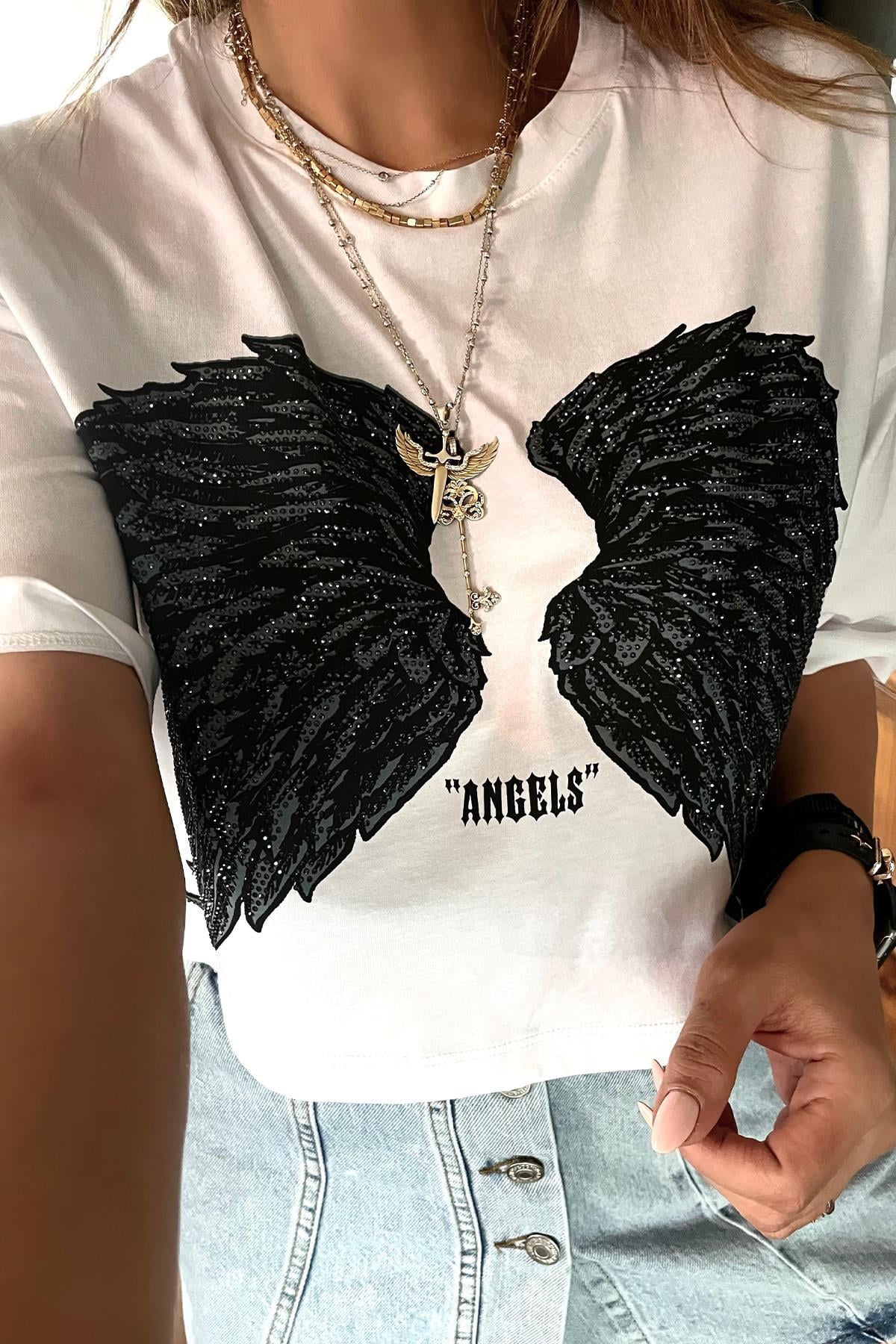 Taşlı Kanat Baskılı Crop Tshirt Beyaz