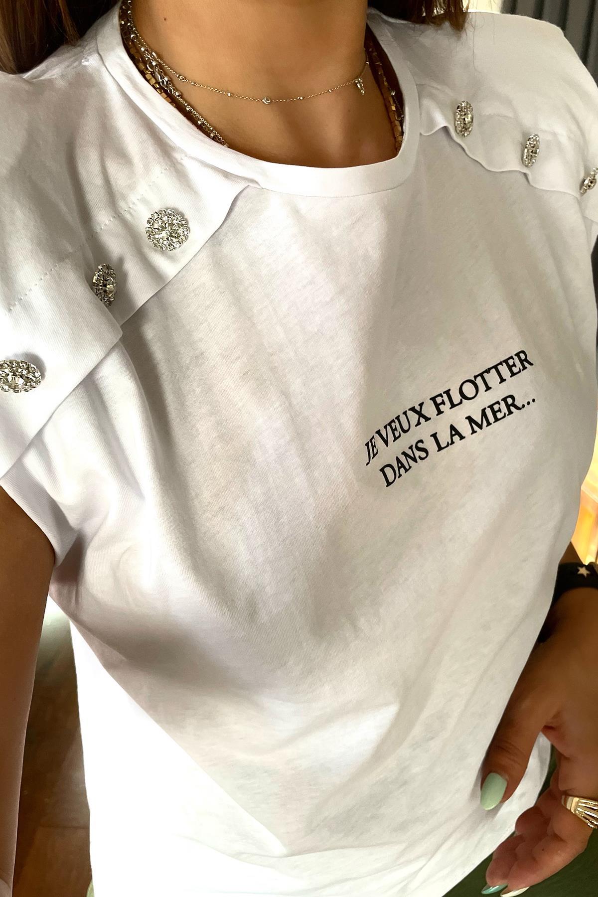 Taşlı Vatkalı Tshirt Beyaz