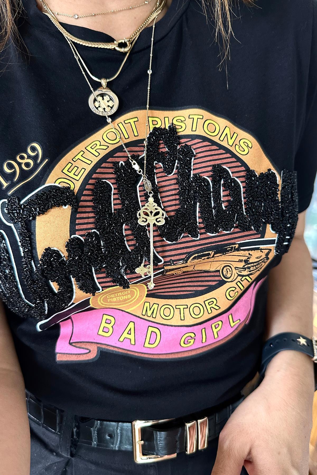 Taşlı Yazılı Tshirt Siyah
