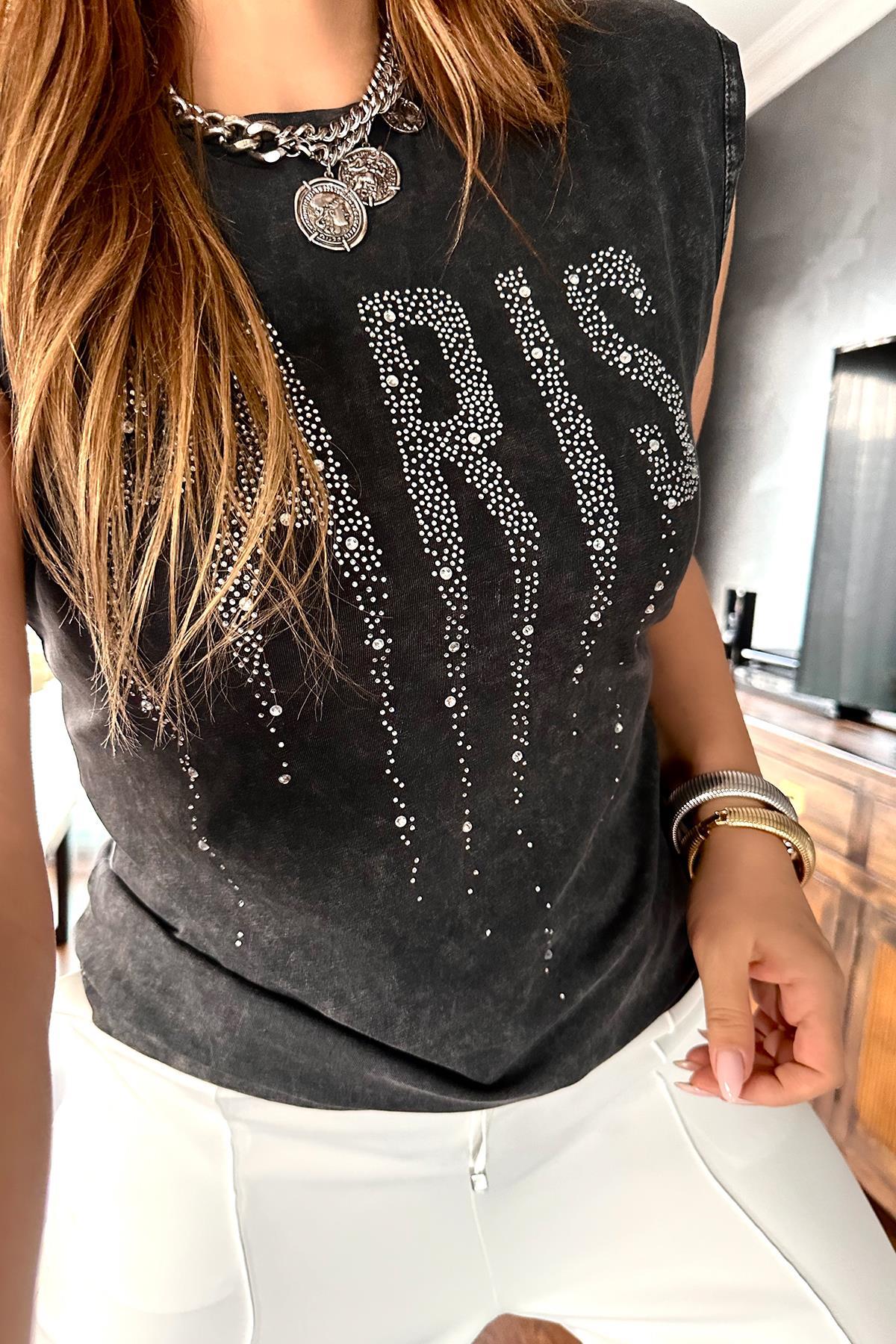 Taşlı Yıkamalı Paris Tshirt Gri