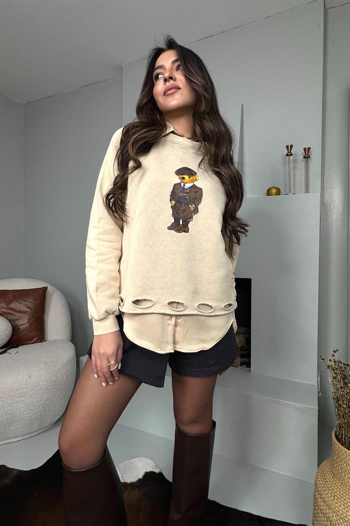 Teddy Baskı Yırtık Detaylı Yıkamalı Sweatshirt Taş