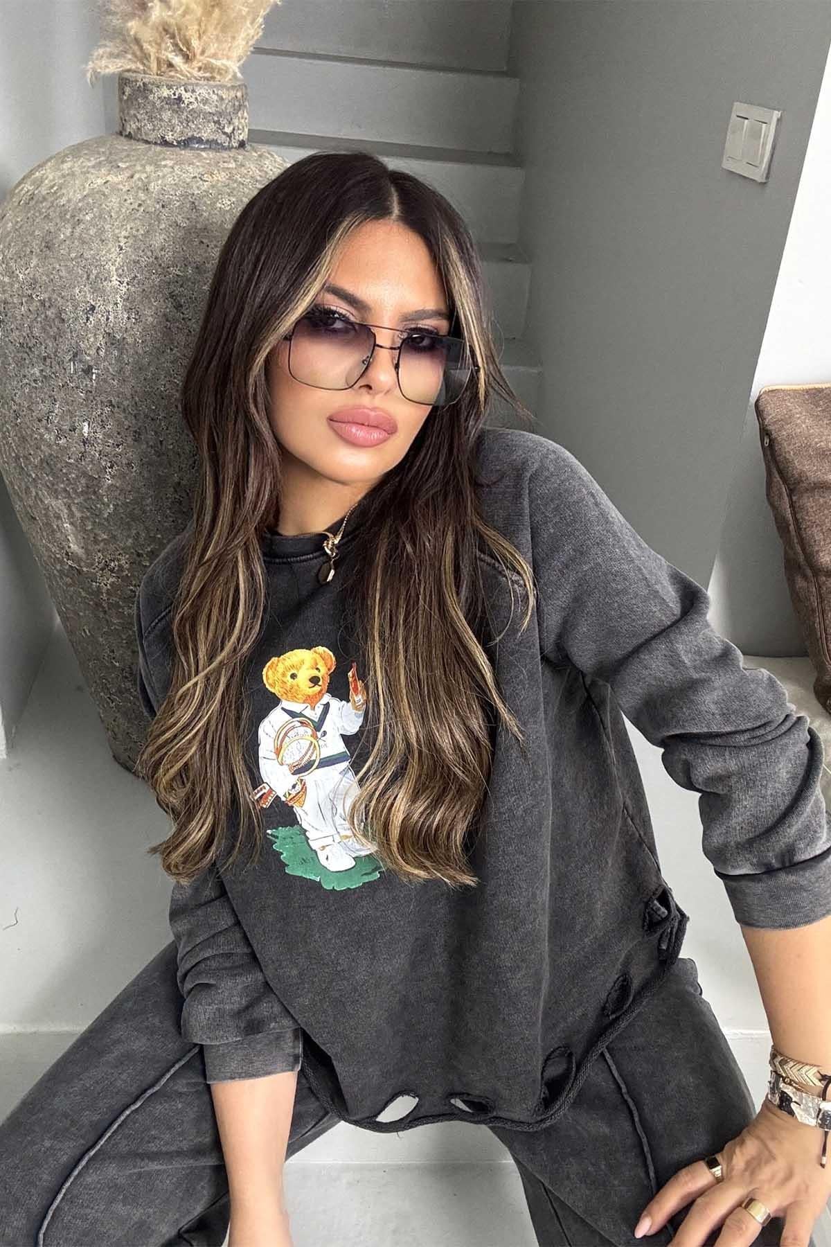 Teddy Baskı Yırtık Detaylı Yıkamalı Sweatshirt Antrasit