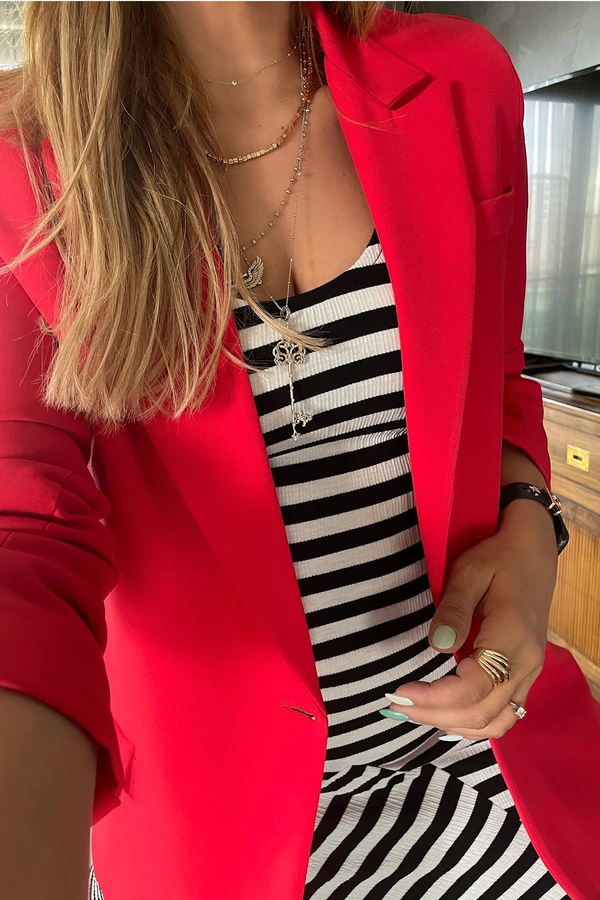Tek Düğme Blazer Ceket Nar Çiçeği