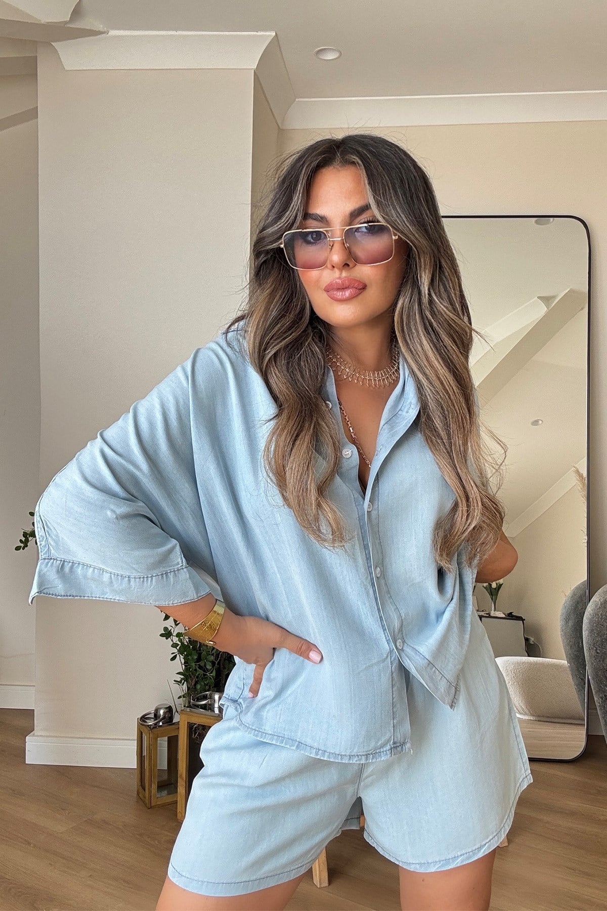 Tencel Denim Şortlu Takım Açık Mavi