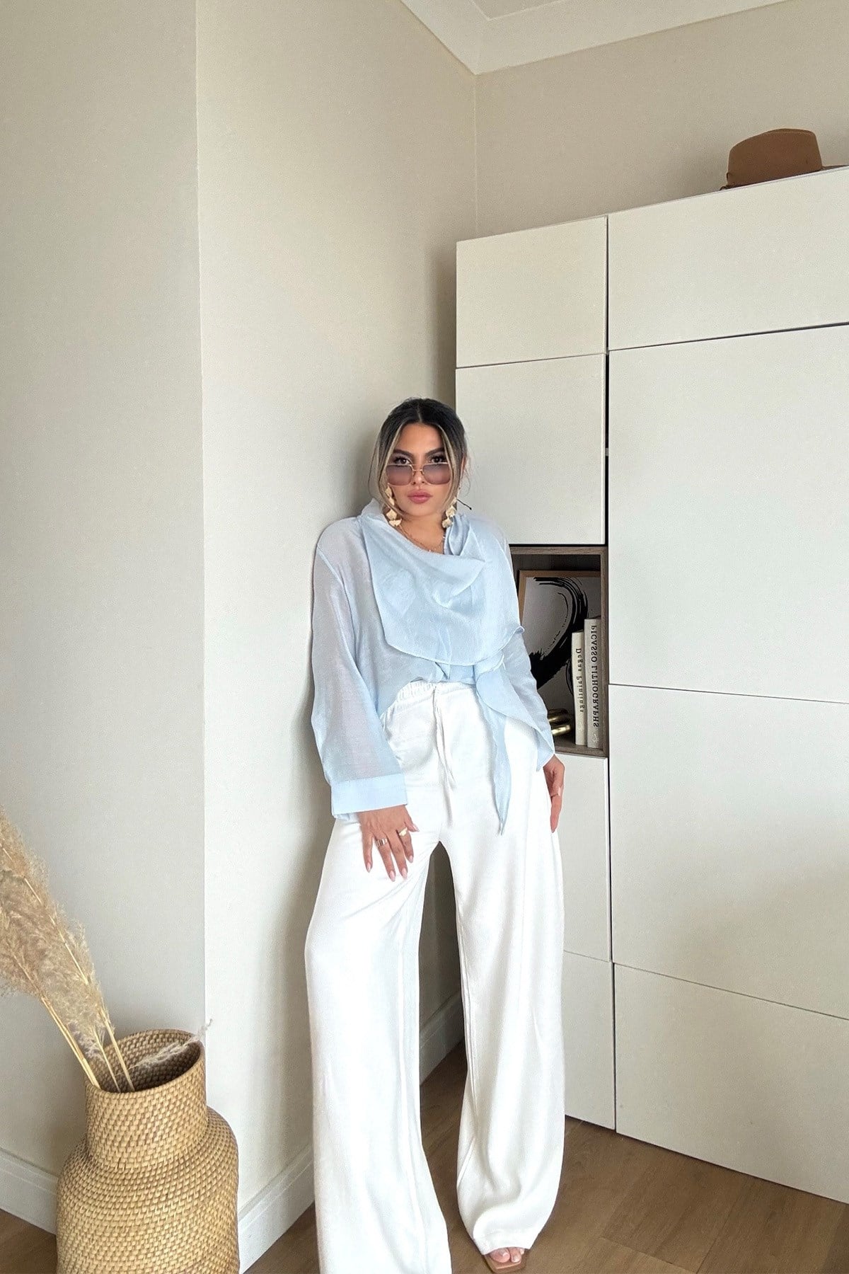 Tencel Kumaş Beli Lastikli Pantolon Ekru