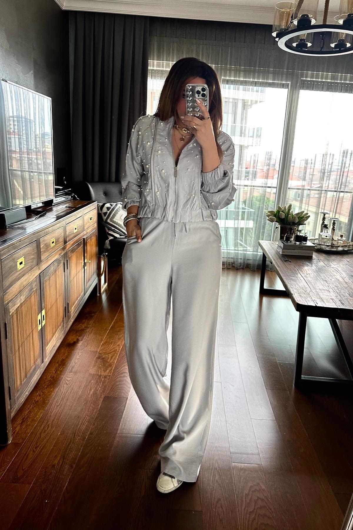 Tencel Kumaş Dökümlü Pantolon Açık Gri