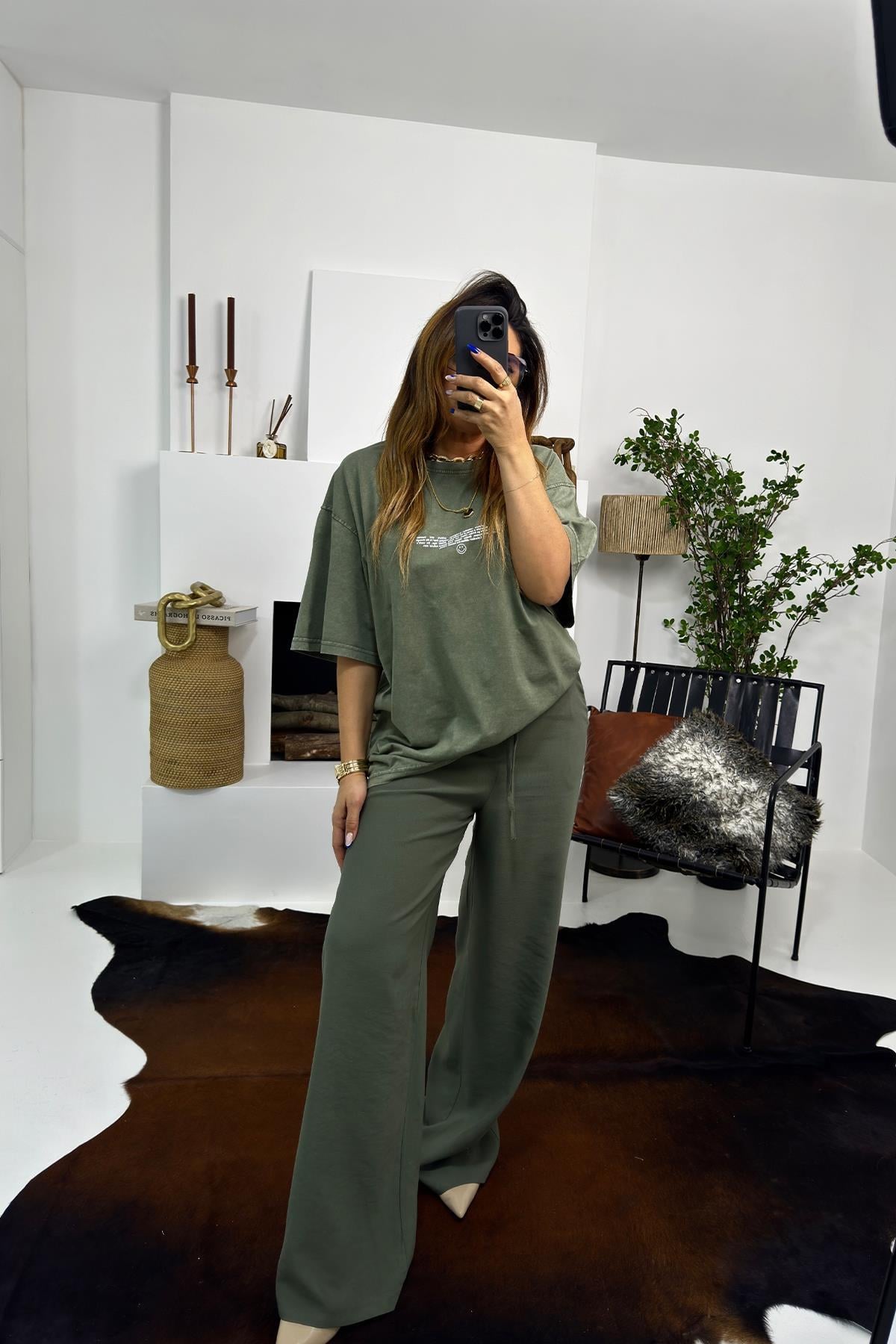 Tencel Kumaş Dökümlü Pantolon Haki