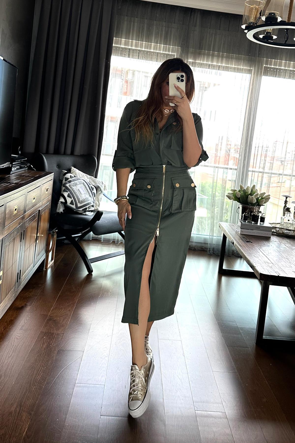 Tencel Kumaş Fermuarlı Etek Haki
