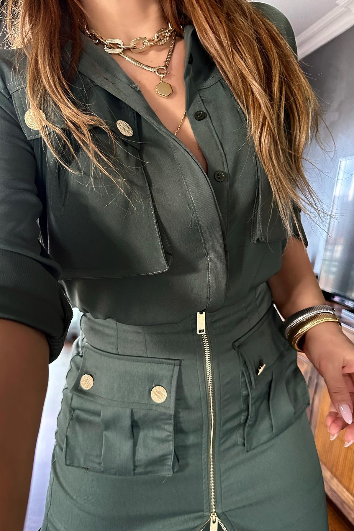 Tencel Kumaş Gold Düğmeli Gömlek Haki