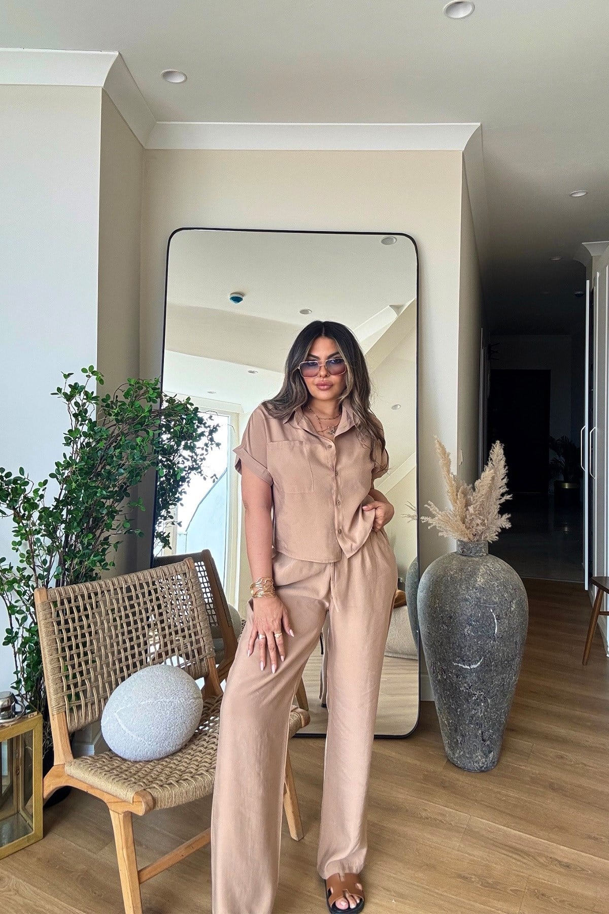 Tencel Kumaş Kısa Kollu Takım Camel