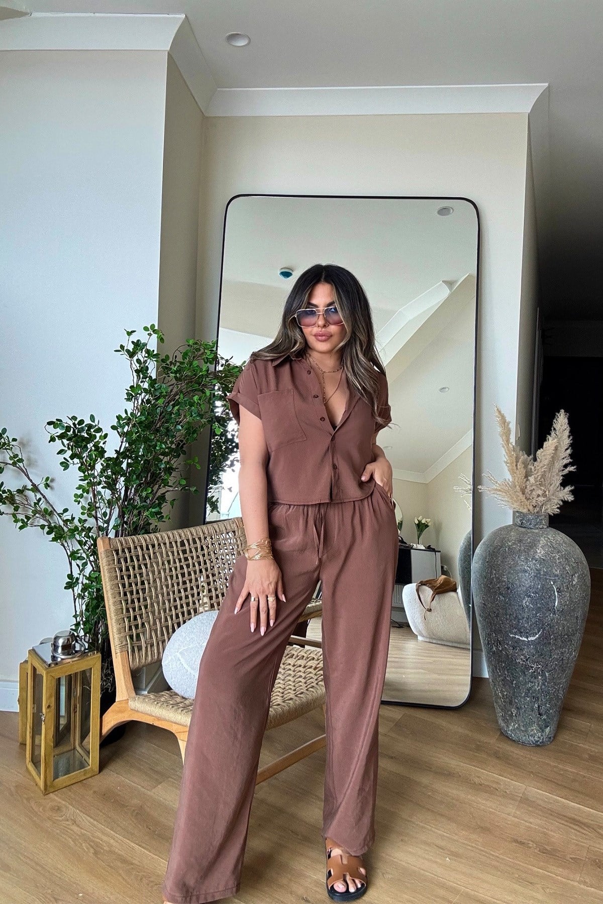 Tencel Kumaş Kısa Kollu Takım Kahverengi