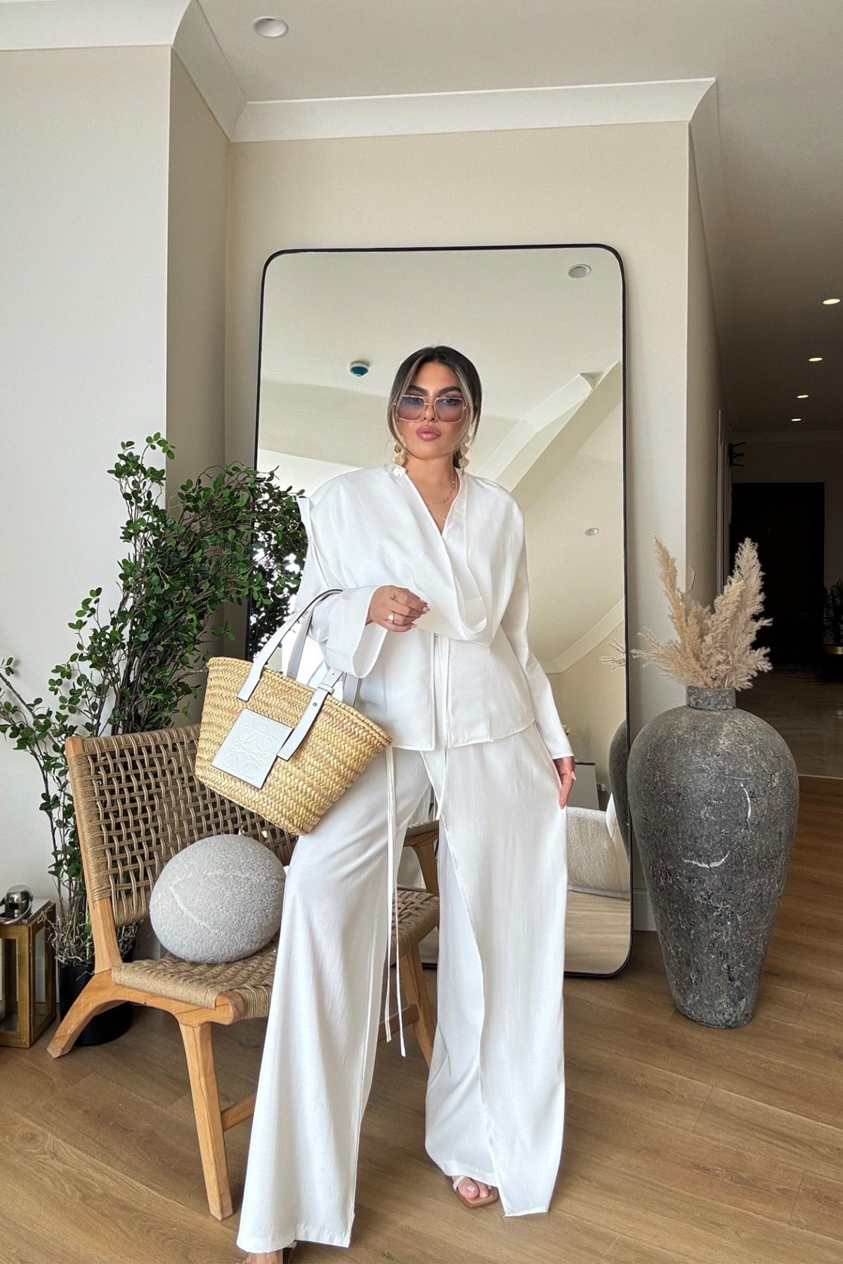 Tencel Kumaş Şal Detay Takım Ekru