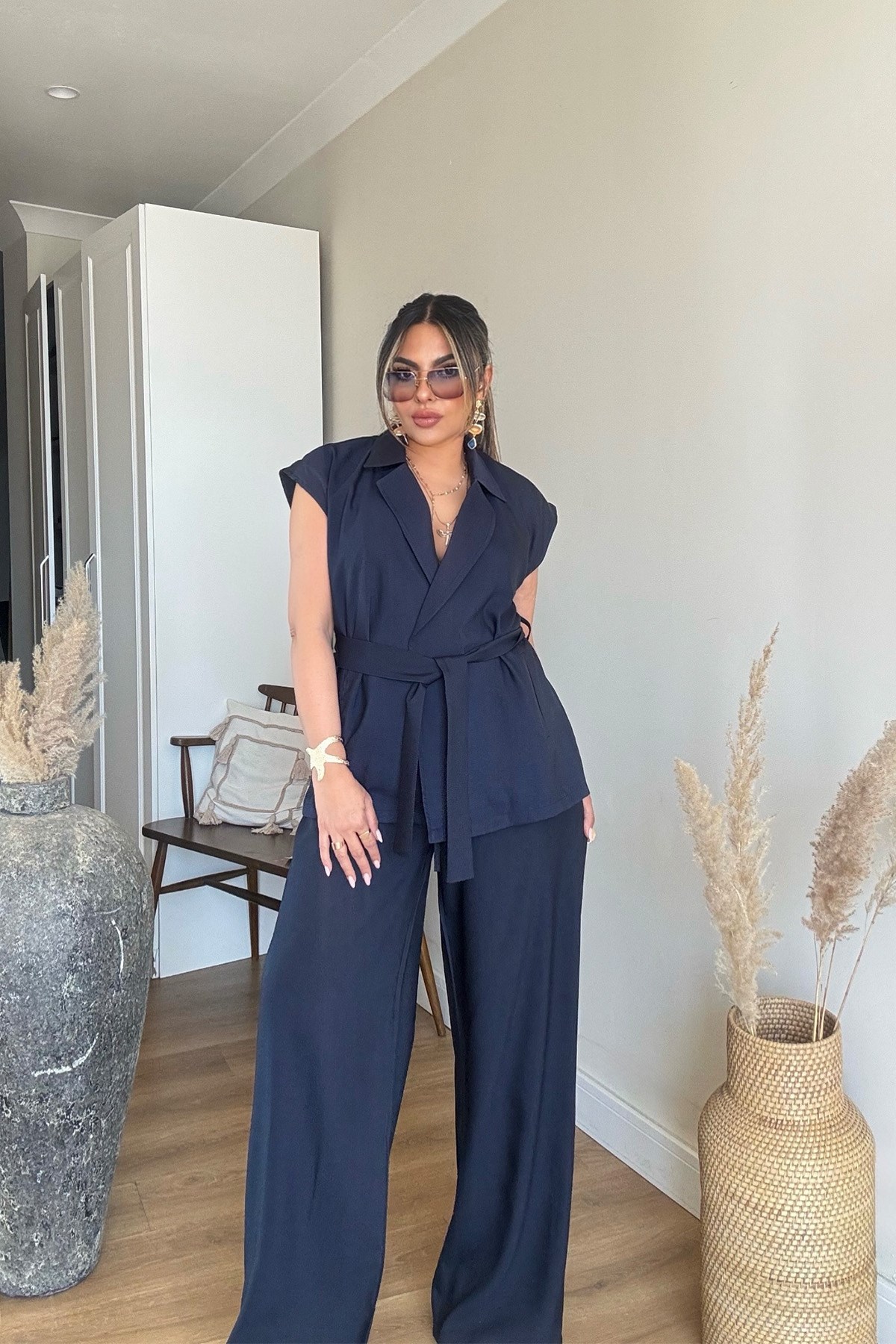 Tencel Kumaş Yelekli Takım Lacivert