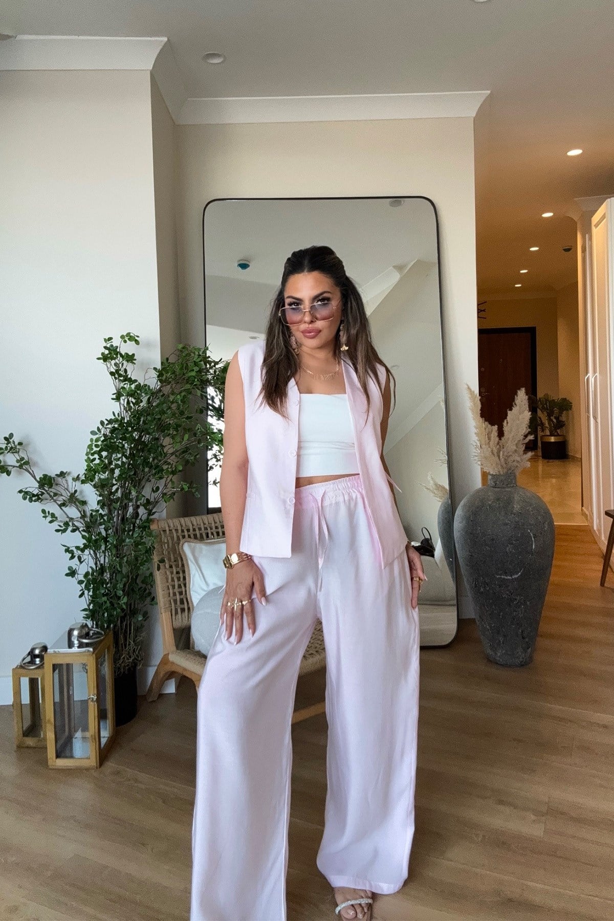 Tencel Kumaş Yelekli Takım Pembe