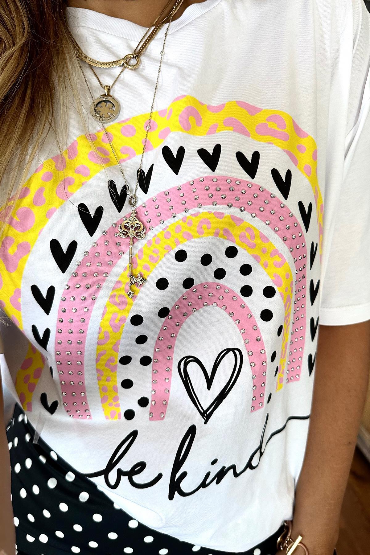 Troklu Be Kind Kalpli Tshirt Beyaz