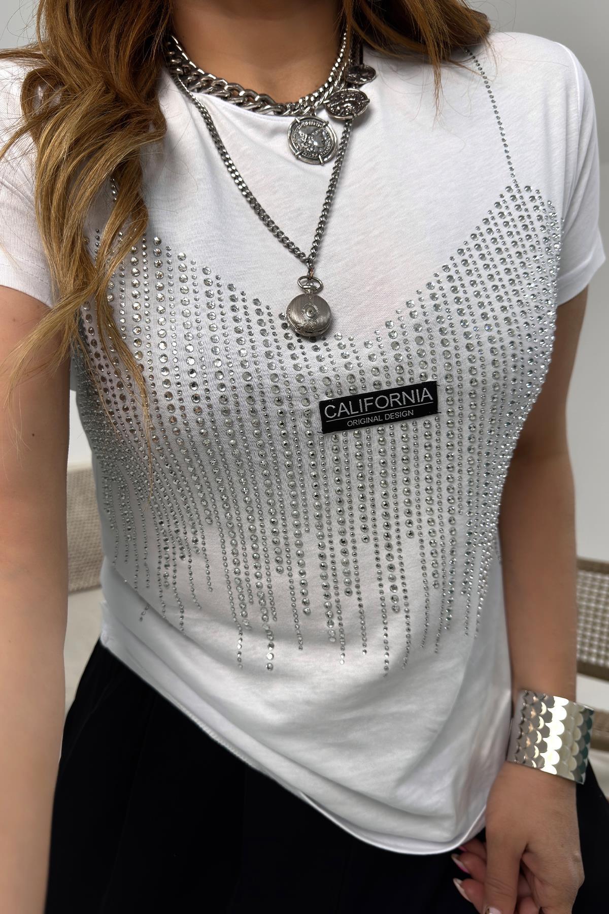Troklu Büstiyer Görünümlü Tshirt Beyaz