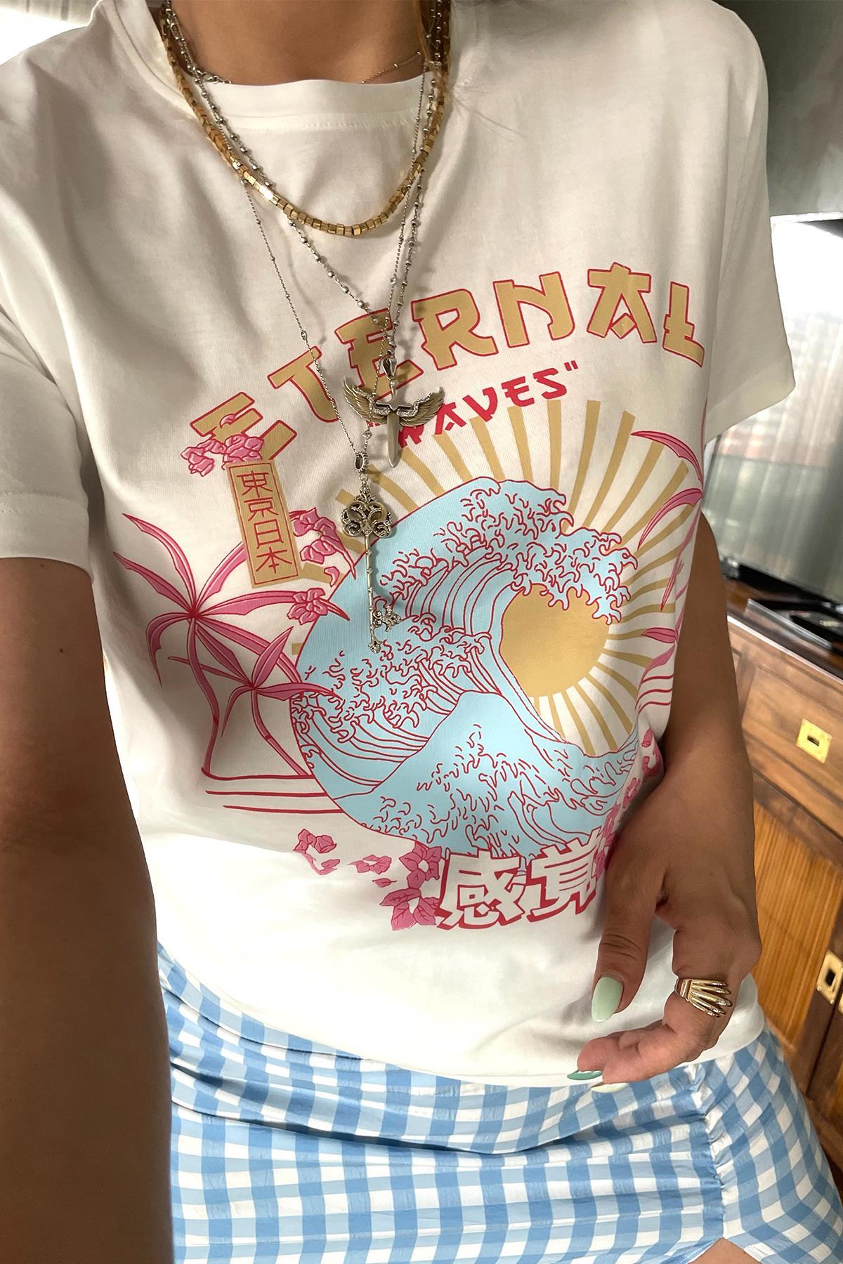 Tropical Dalga Desen Tshirt Ekru