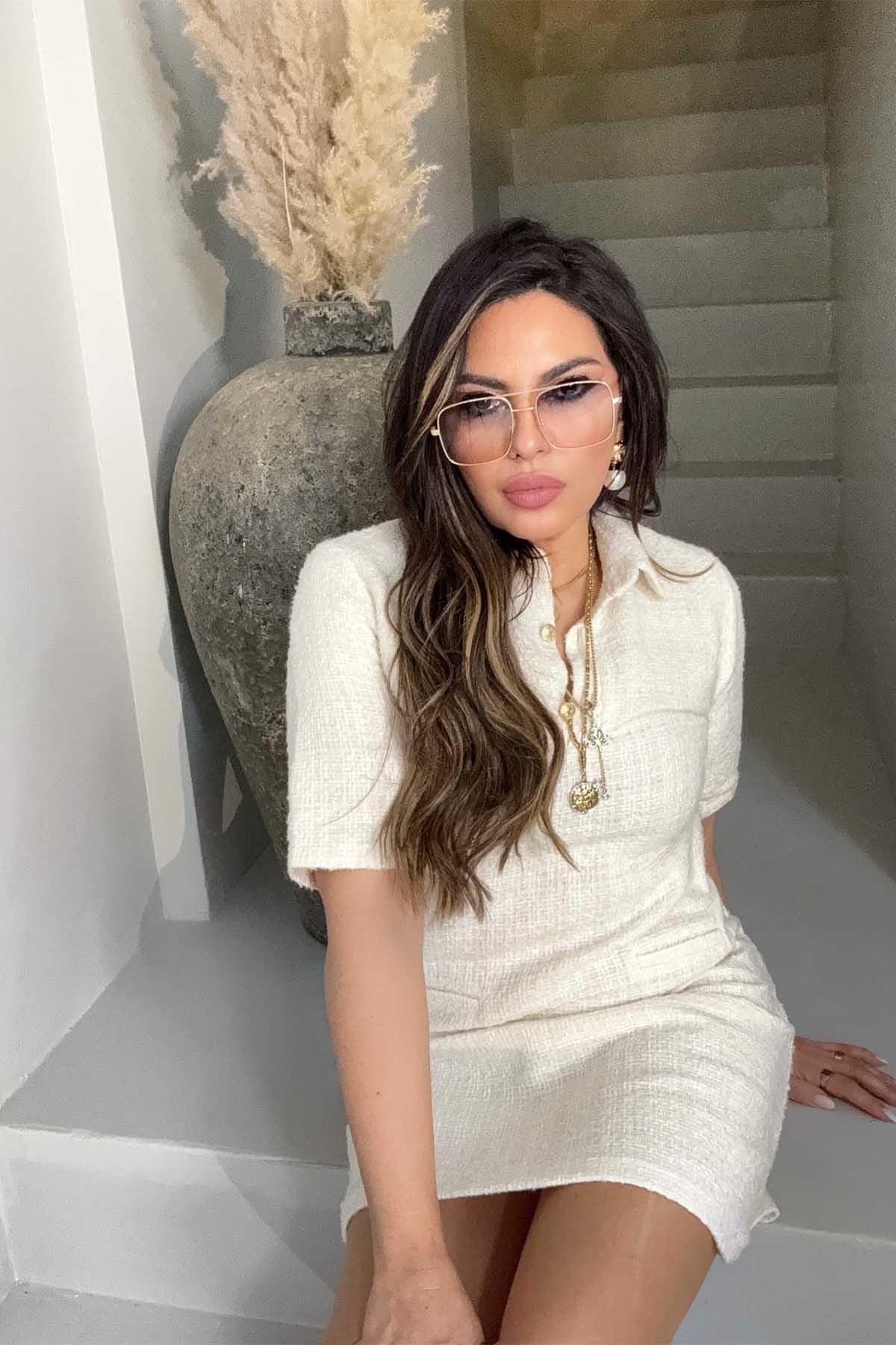 Tuvit Kumaş Gömlek Yaka Elbise Ekru