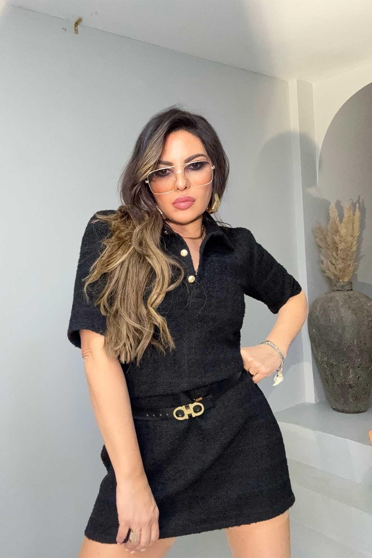 Tuvit Kumaş Gömlek Yaka Elbise Siyah
