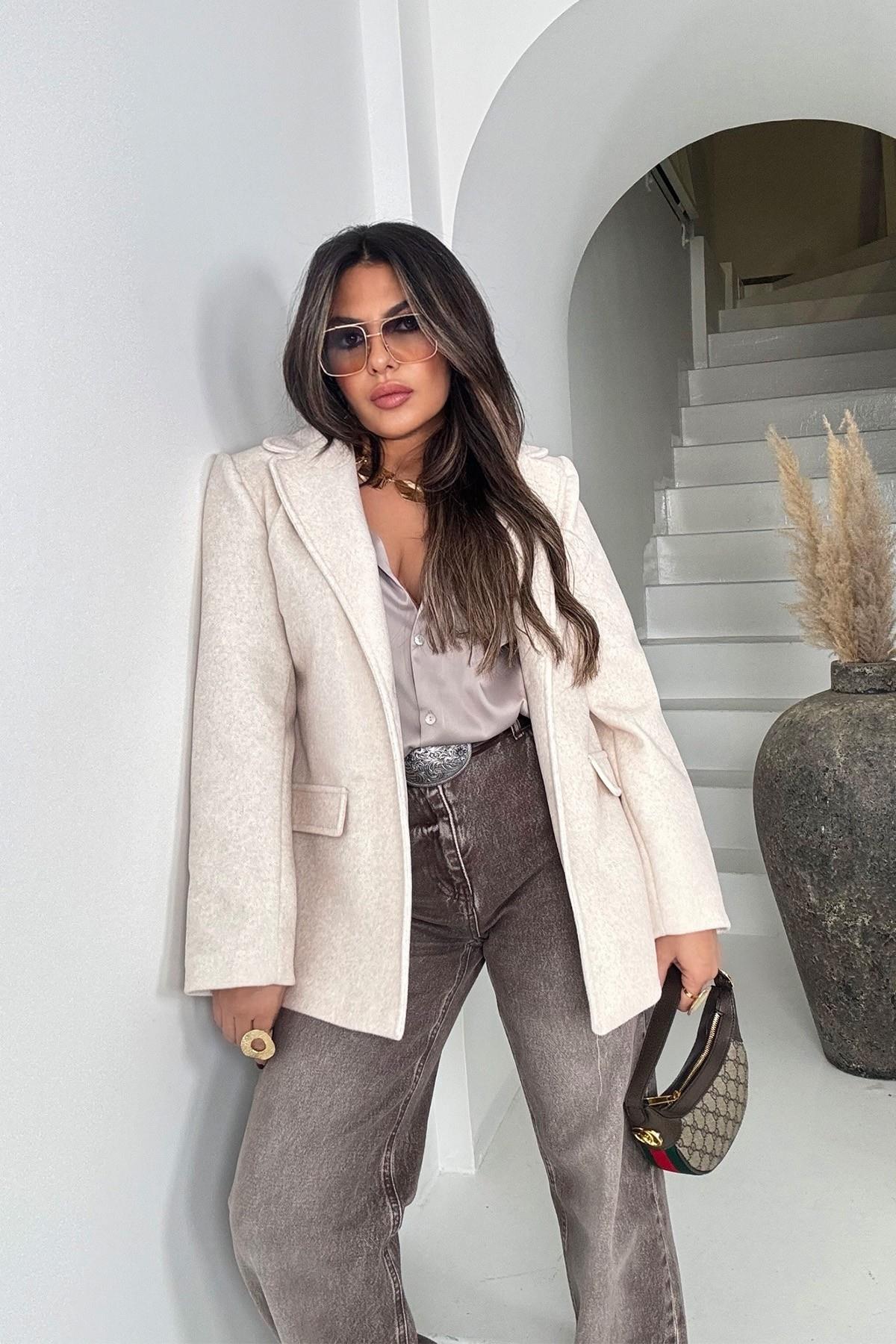 Tüylü Kaşe Blazer Ceket Taş