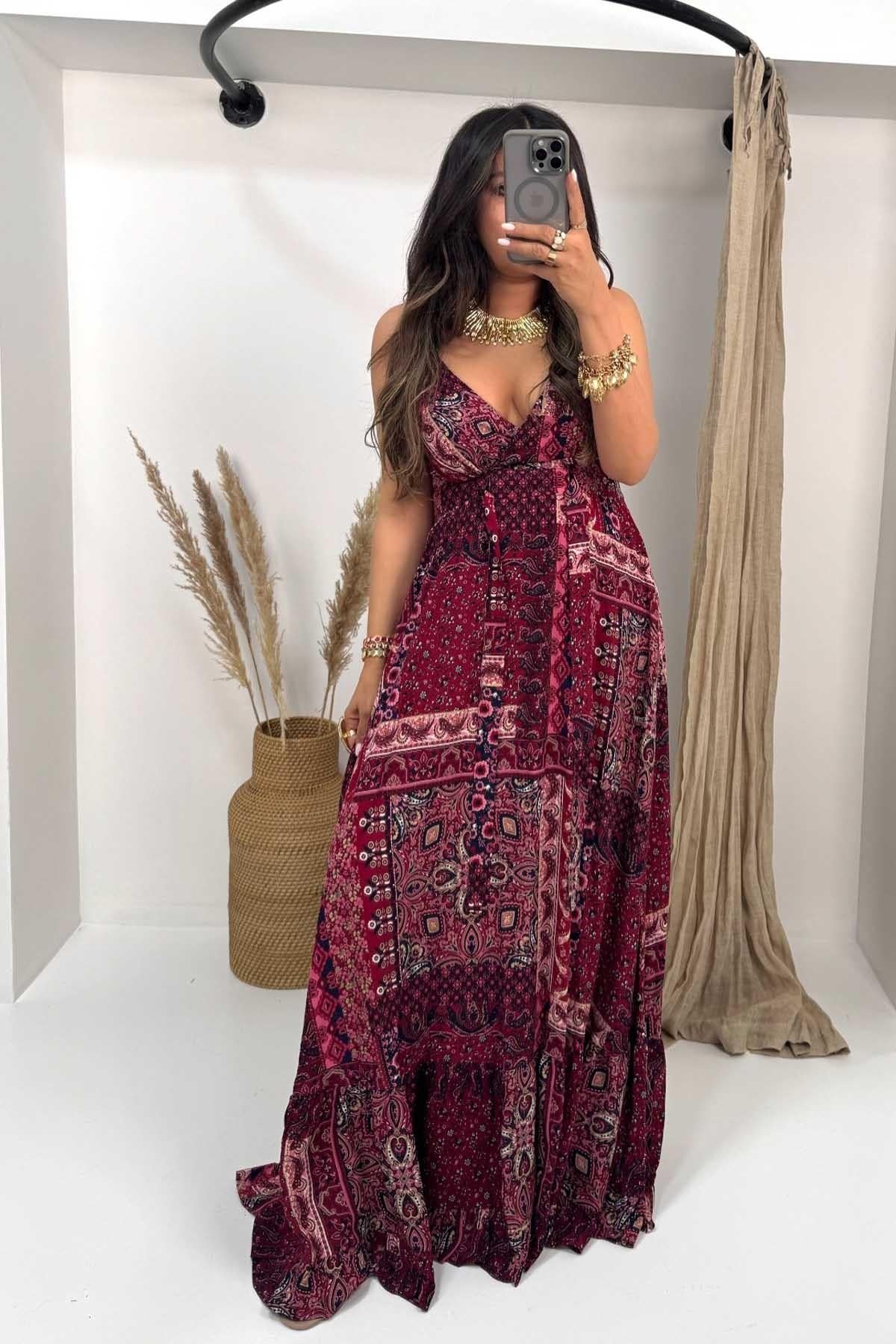 Üçgen Kup Detaylı Maxi Elbise Bordo